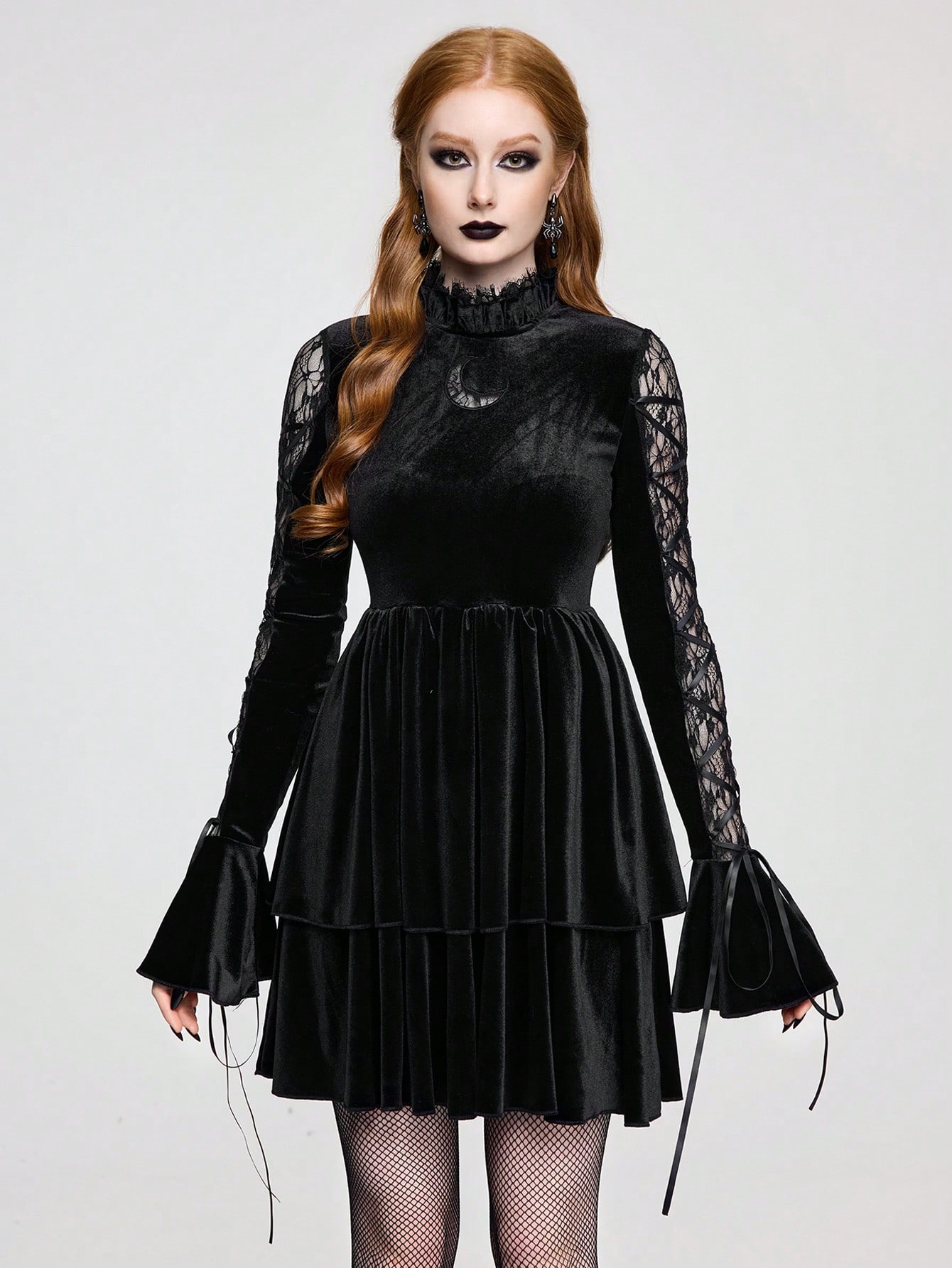 Goth Retro Gothic Lace Patchwork Criss-Cross Flare Sleeve Velvet Cake Skirt Dress For Women