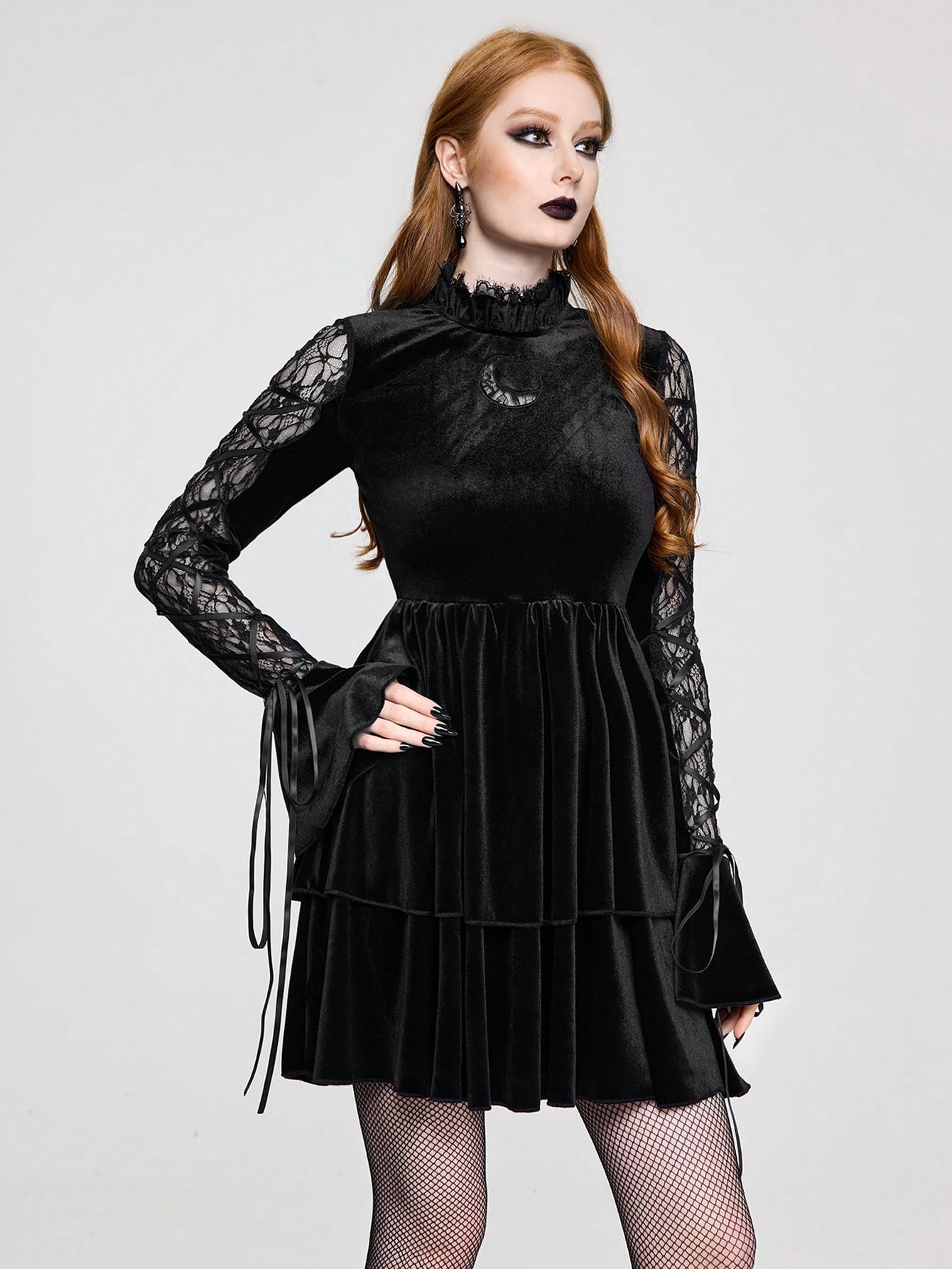 Goth Retro Gothic Lace Patchwork Criss-Cross Flare Sleeve Velvet Cake Skirt Dress For Women