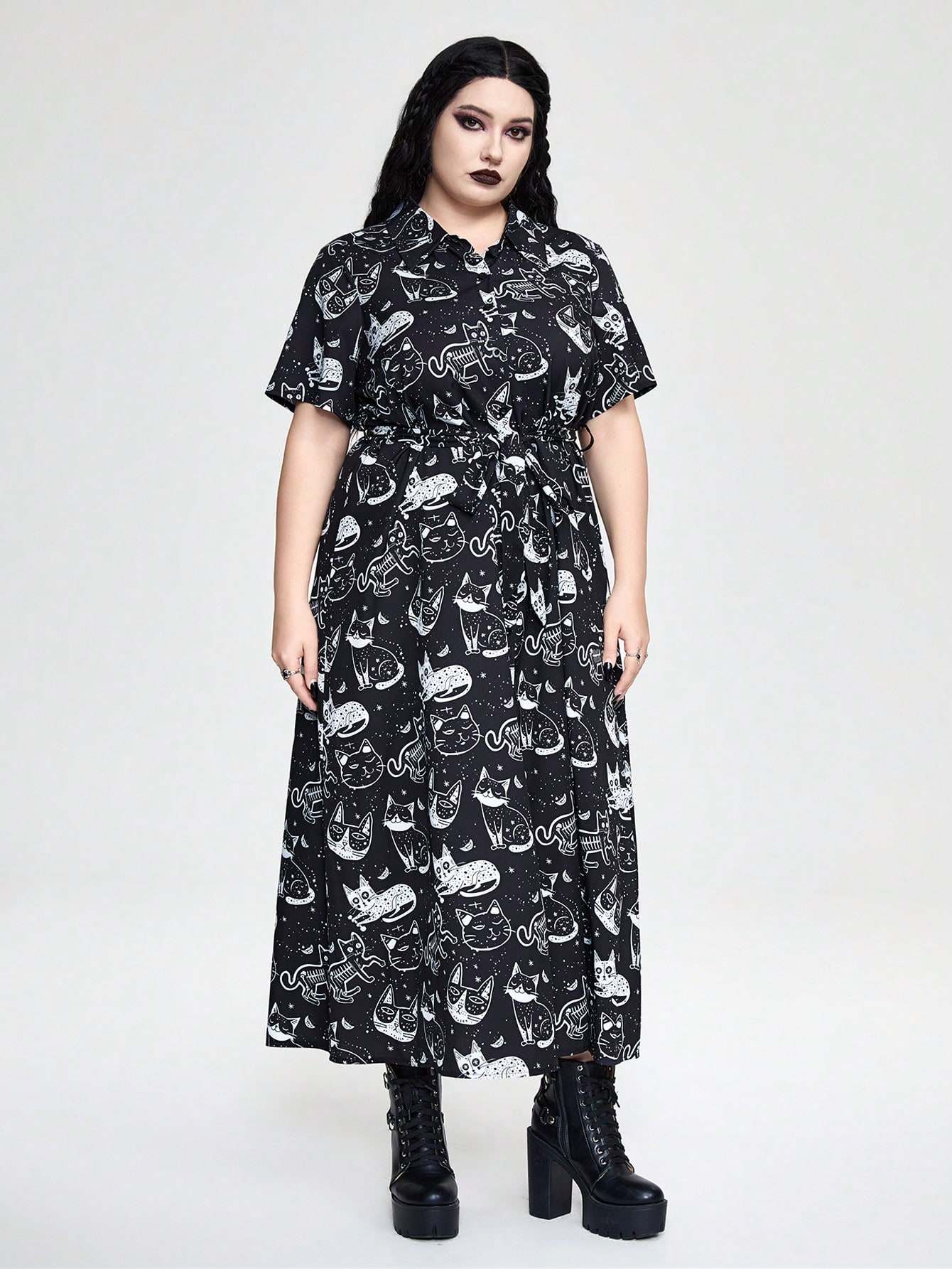 Goth Plus Size Moon, Sun, Star & Cat Allover Print Short Sleeve Casual Loose Comfortable Shirt Dress