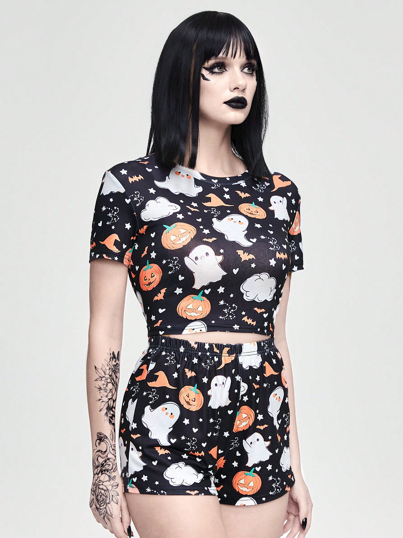 Halloween Funny Cute Pumpkin, Ghost, Bat & Magic Hat Print Short Sleeve Shorts Pajama Set