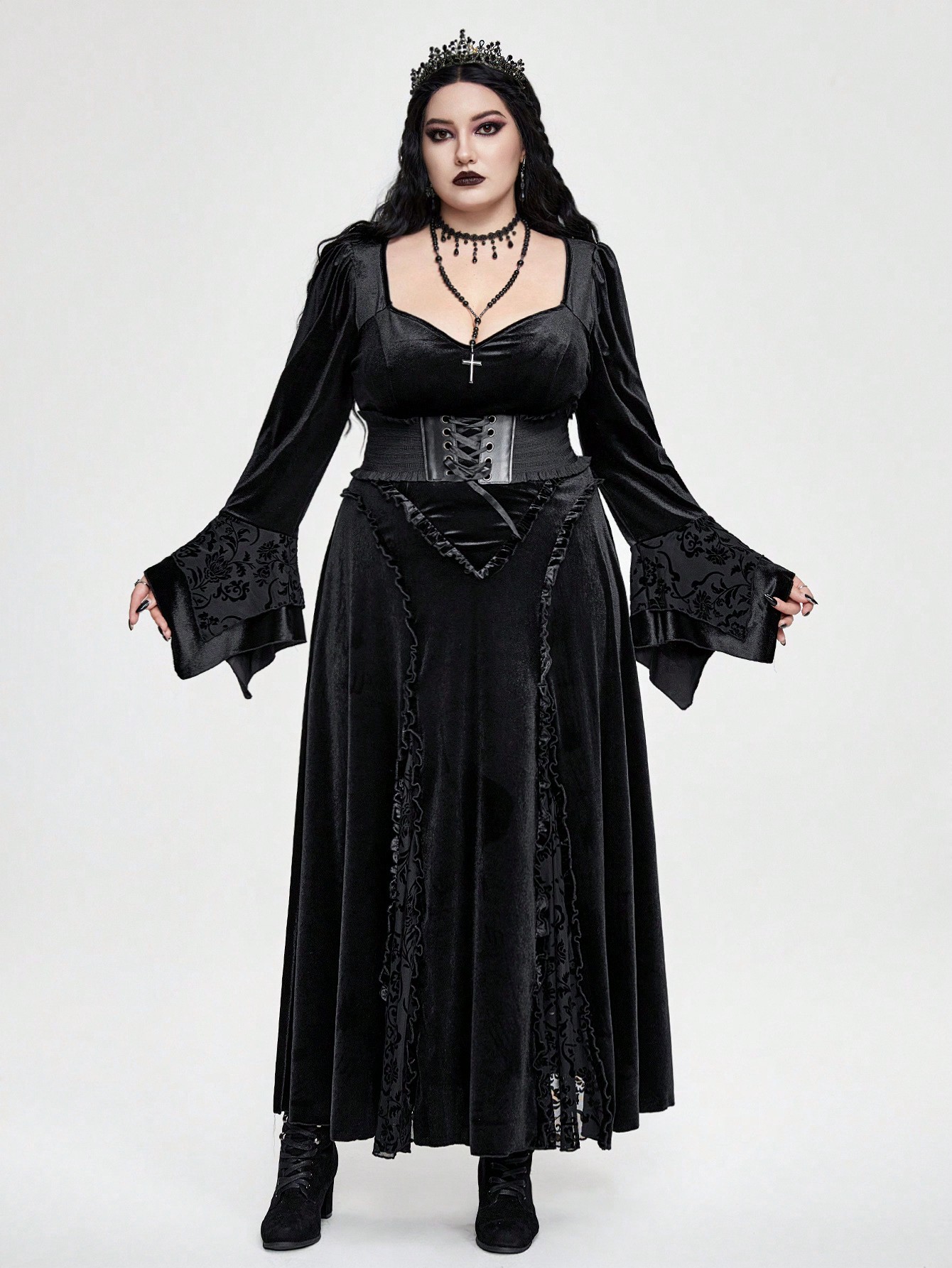 Goth Plus Size Flocked Patchwork Flocking Flare Sleeve Dress