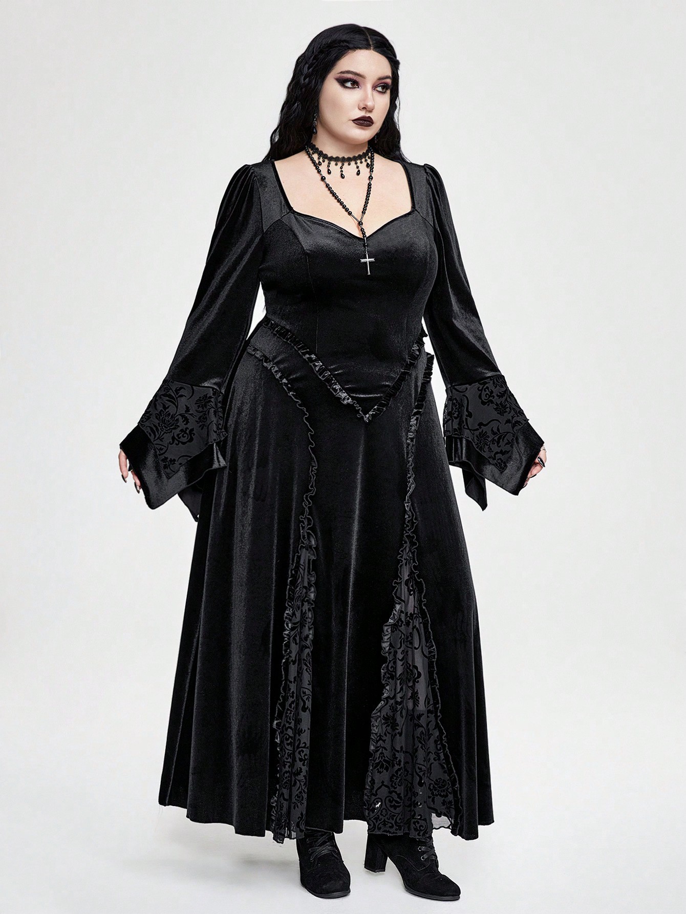 Goth Plus Size Flocked Patchwork Flocking Flare Sleeve Dress