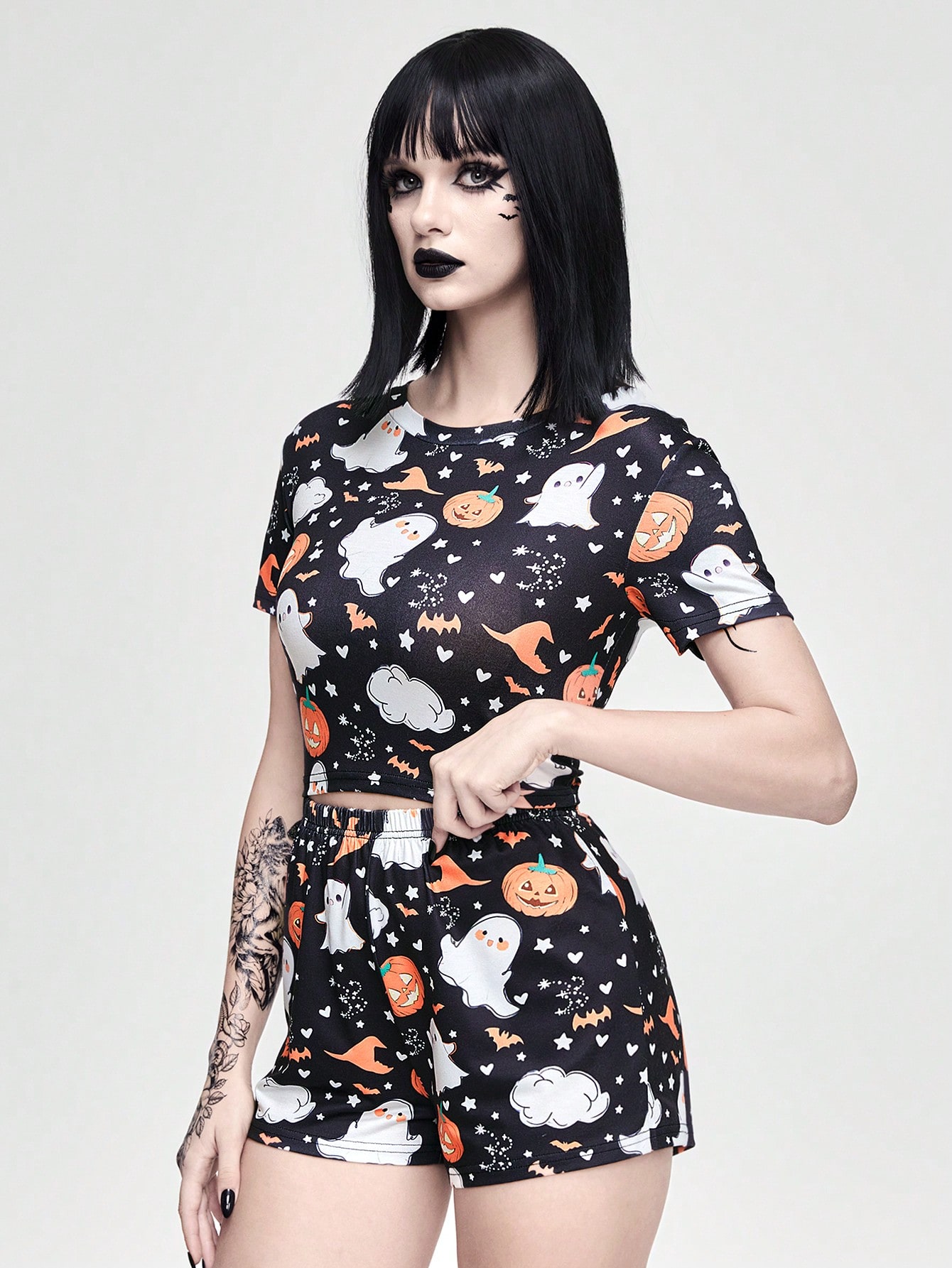 Halloween Funny Cute Pumpkin, Ghost, Bat & Magic Hat Print Short Sleeve Shorts Pajama Set