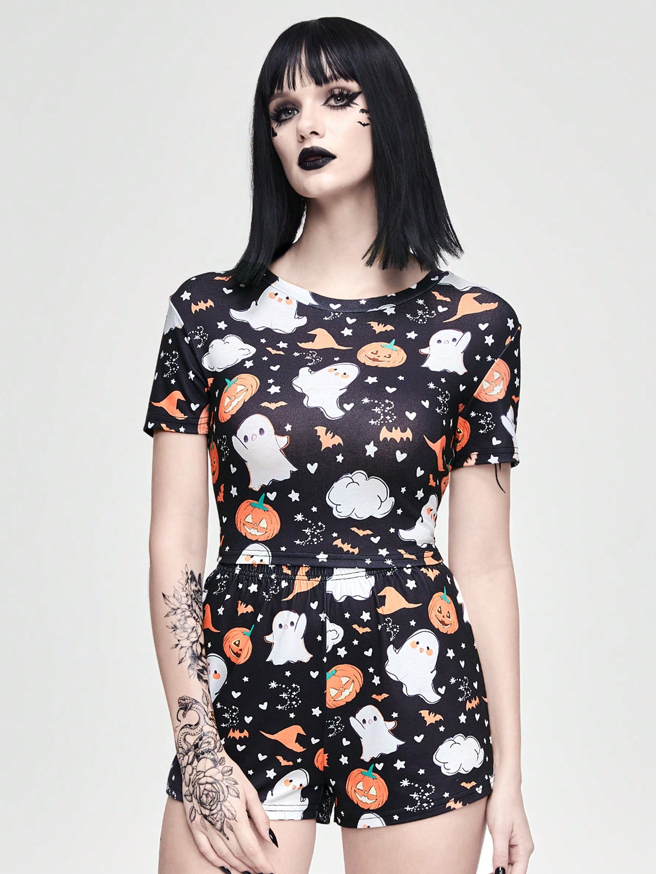 Halloween Funny Cute Pumpkin, Ghost, Bat & Magic Hat Print Short Sleeve Shorts Pajama Set