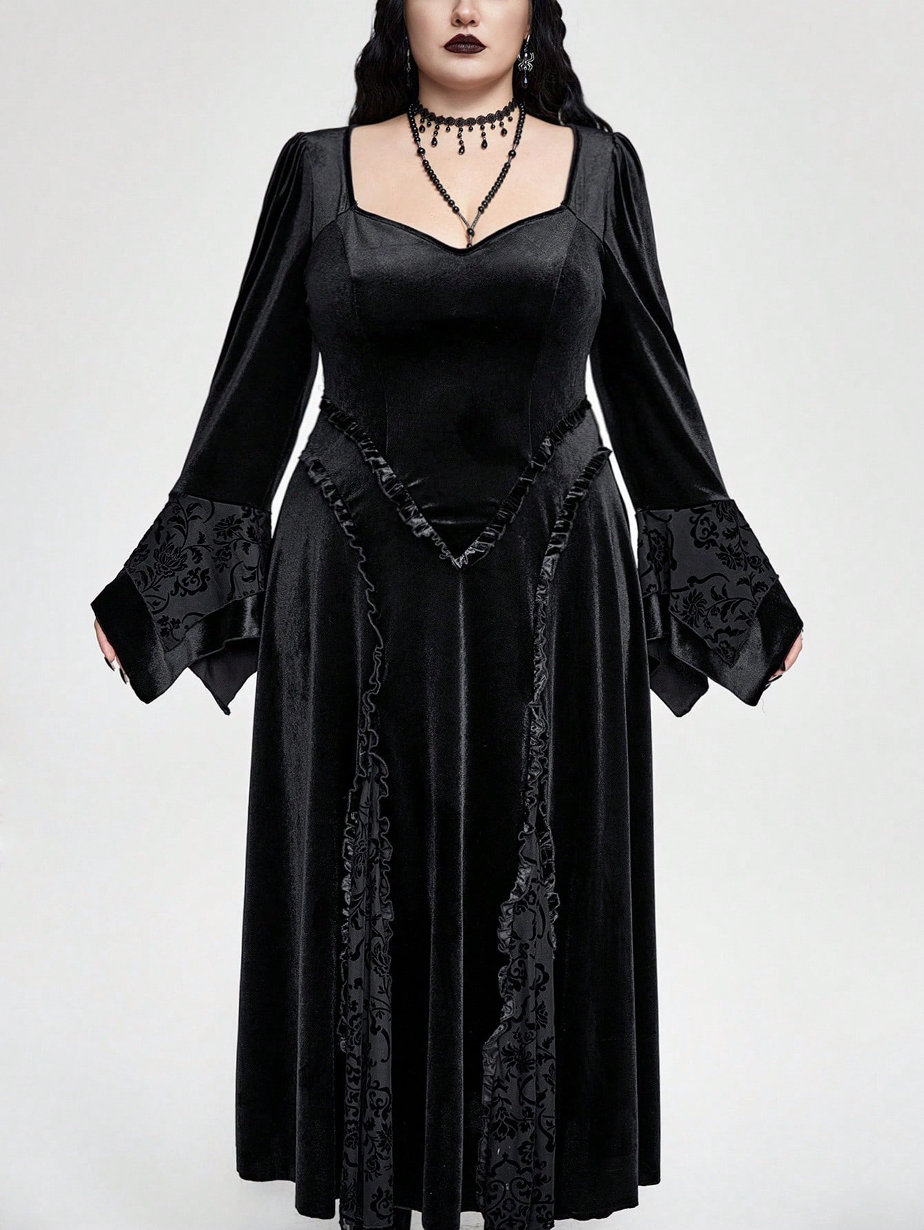 Goth Plus Size Flocked Patchwork Flocking Flare Sleeve Dress