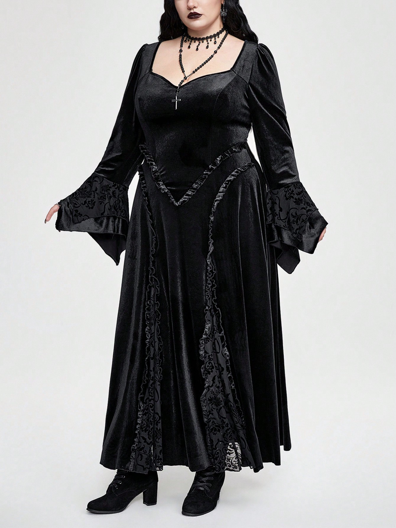 Goth Plus Size Flocked Patchwork Flocking Flare Sleeve Dress
