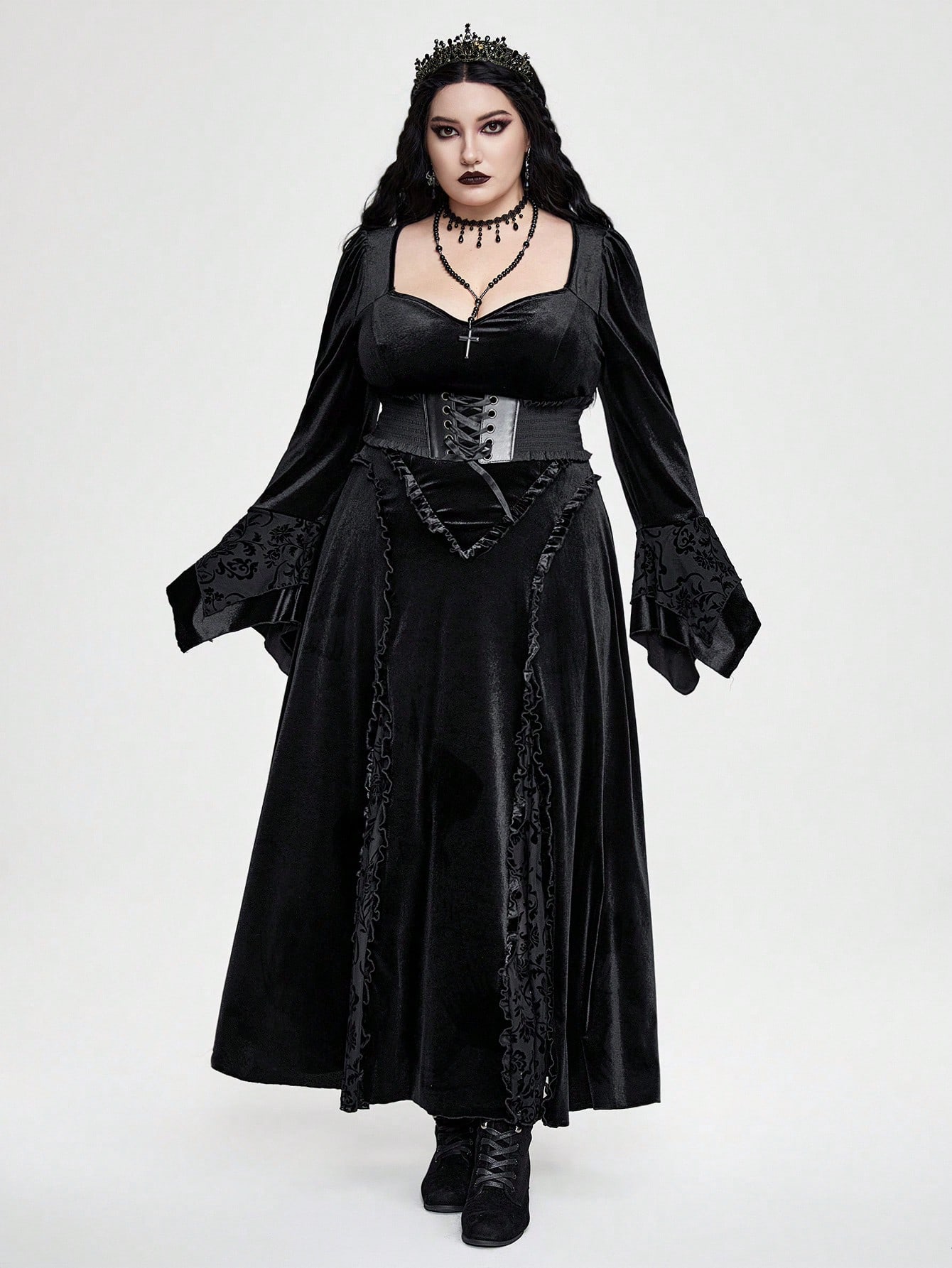 Goth Plus Size Flocked Patchwork Flocking Flare Sleeve Dress