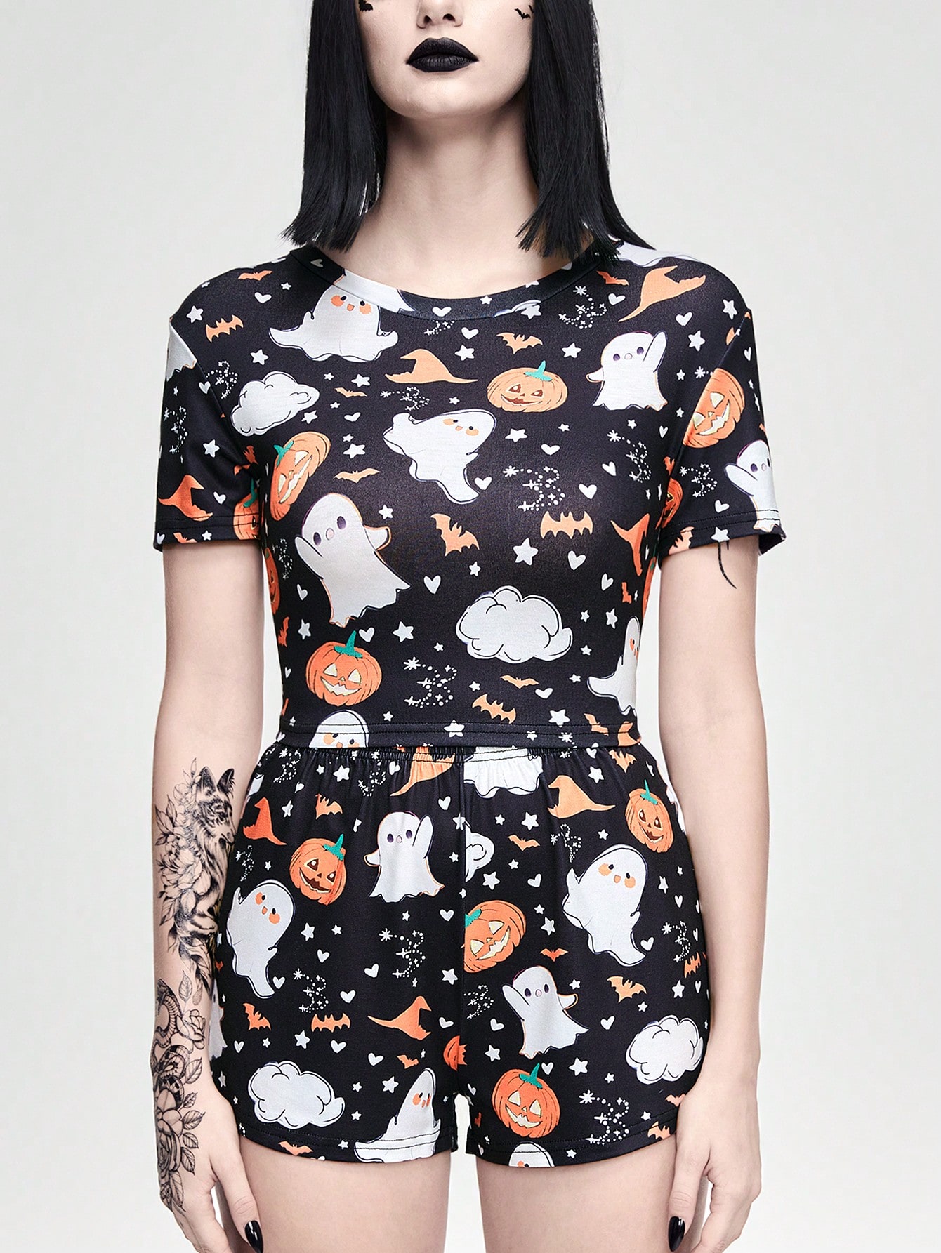 Halloween Funny Cute Pumpkin, Ghost, Bat & Magic Hat Print Short Sleeve Shorts Pajama Set