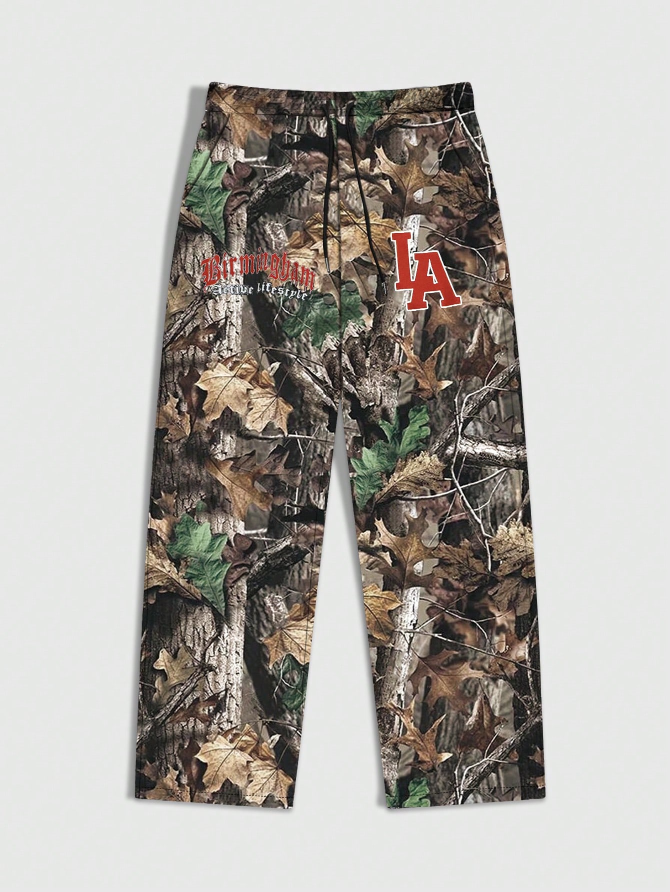 Street Life Men's Letter & Leaf Print Drawstring Waist Relaxed Straight Leg Casual Camo Pants