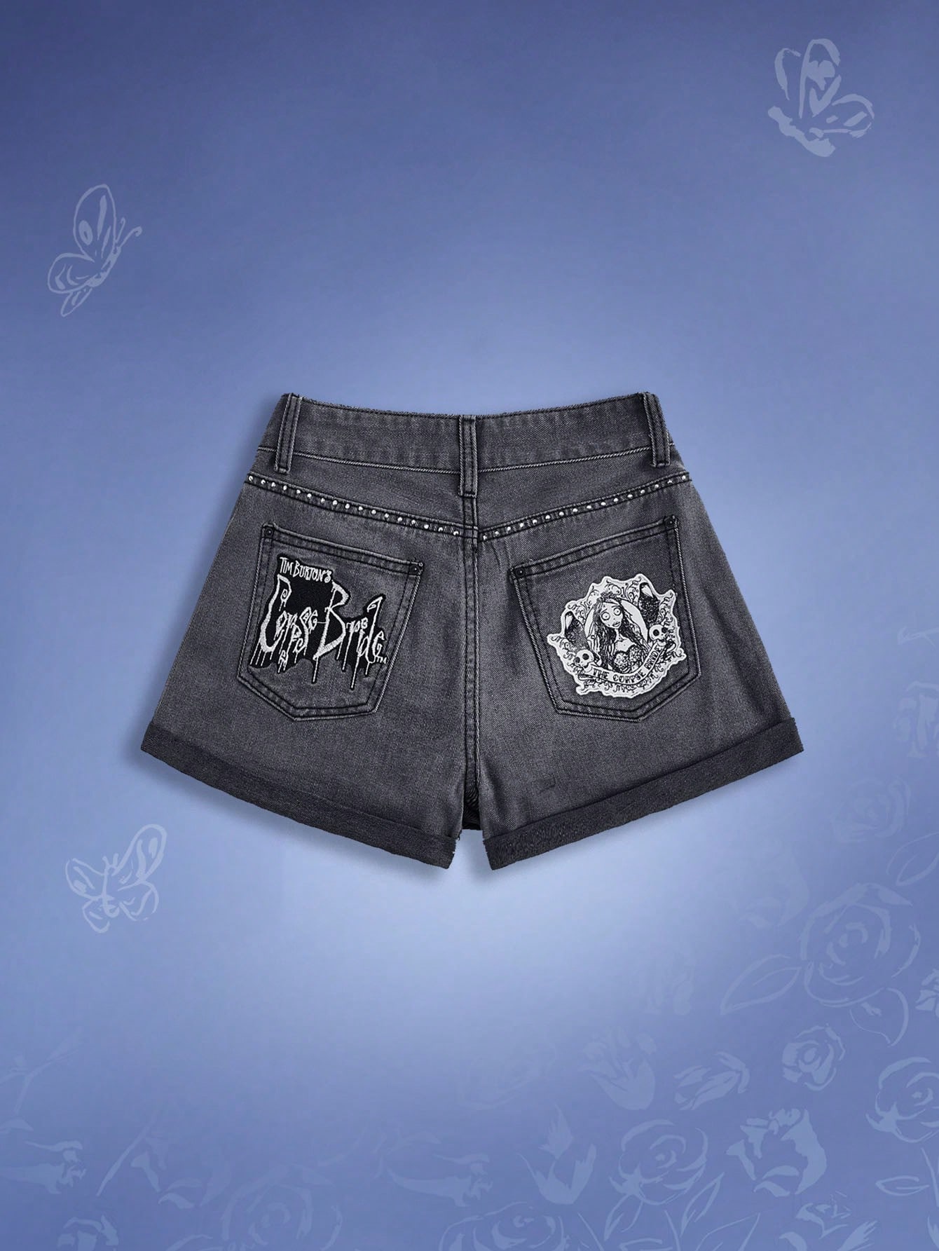 Corpse Bride | ROMWE Women's Cartoon Figure & Letter Embroidered Cuffed Hem Denim Shorts Without Belt, School
