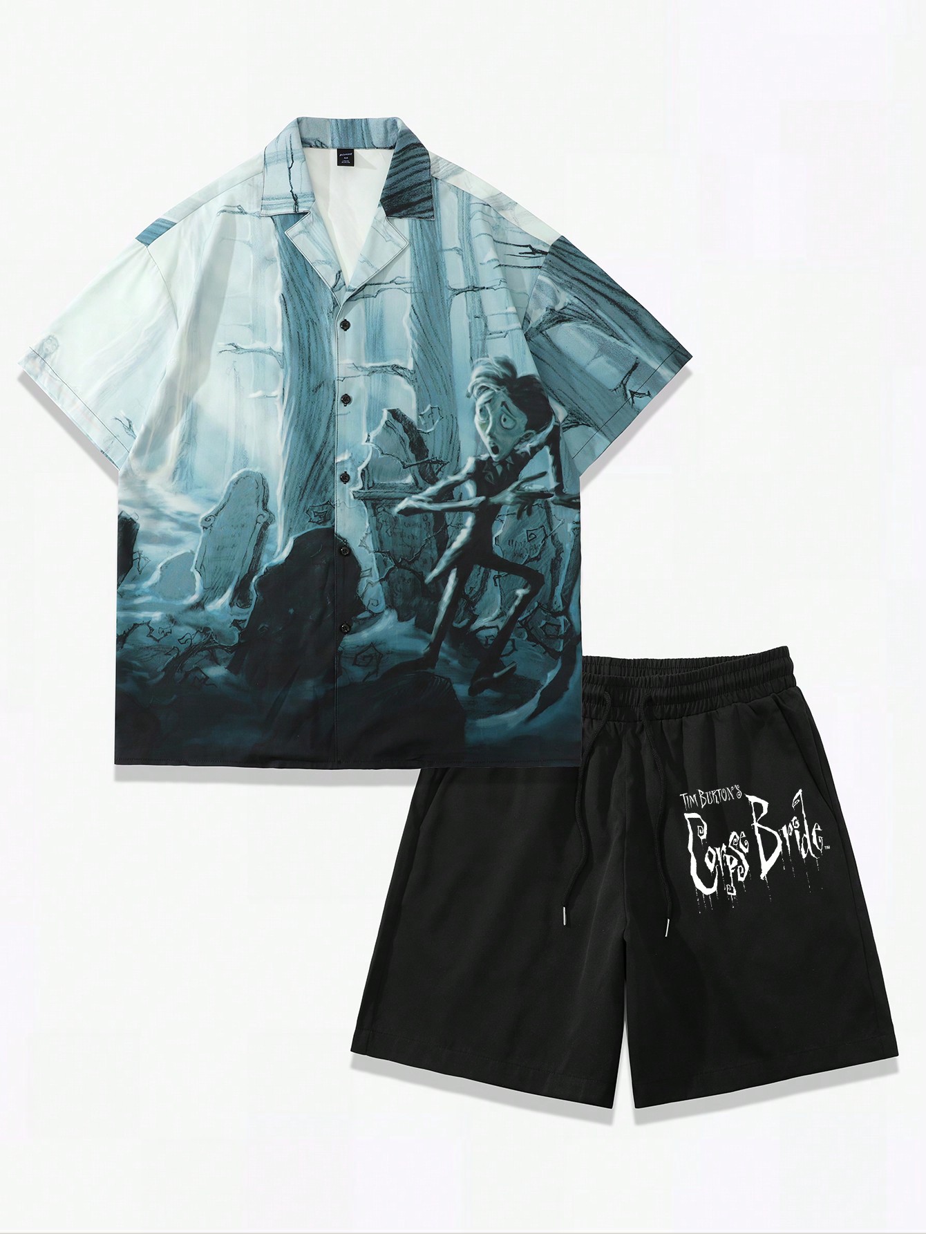 Corpse Bride | ROMWE Men's Cartoon Print Drop Shoulder Loose Short Sleeve Shirt And Drawstring Waist Shorts Set, Summer, School