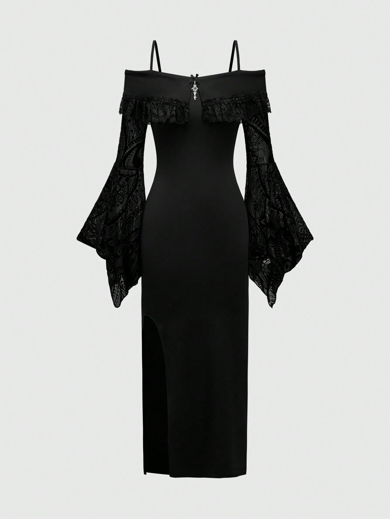 Goth Flocked Gothic Flared Sleeve Cold Shoulder Fitted Slit Dress, For New Year