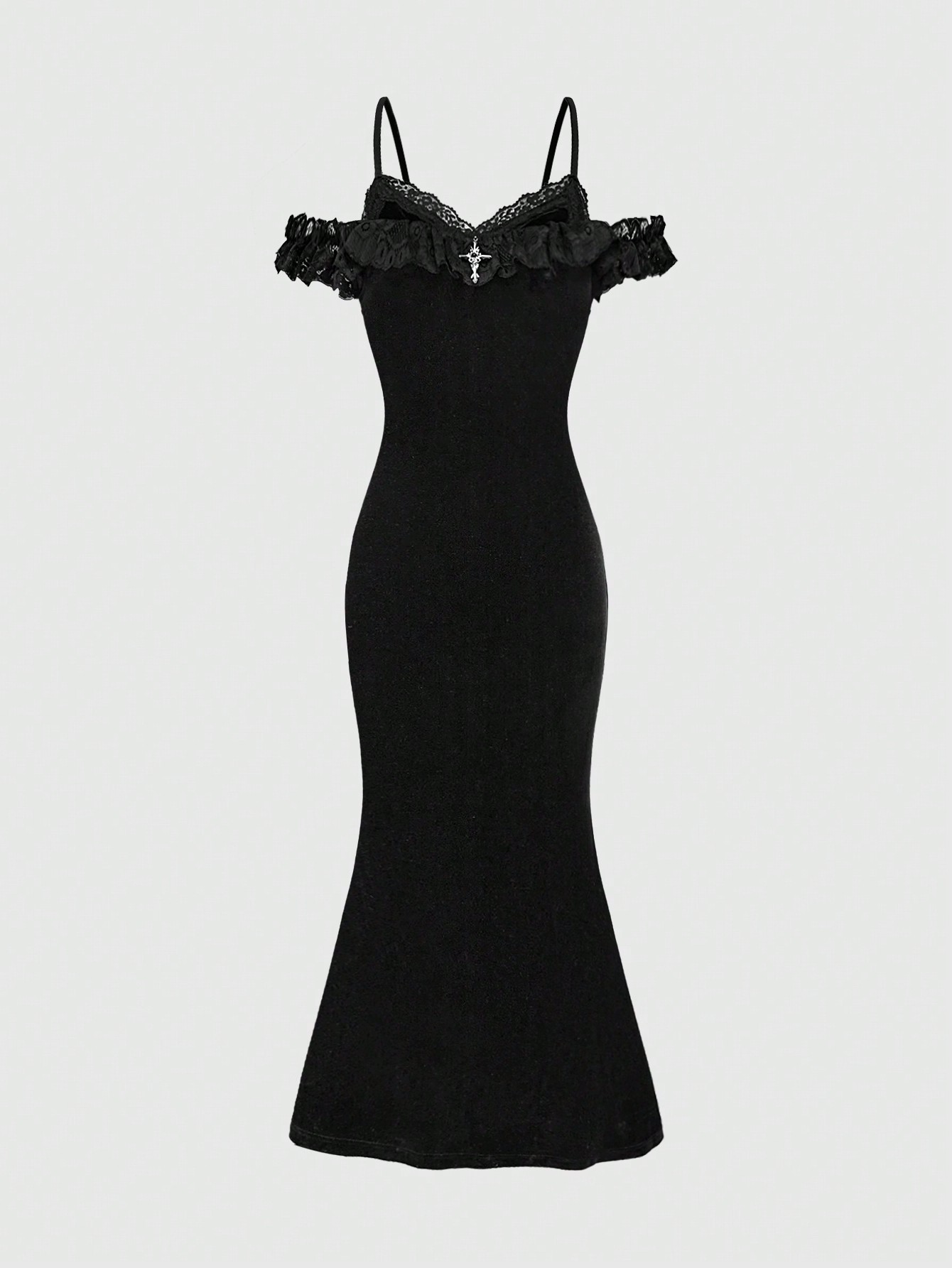 Goth Velvet Cross Pendant Shoulder Strap Patchwork Flounce Waistline Fishtail Hem Mid-Length Dress For Women