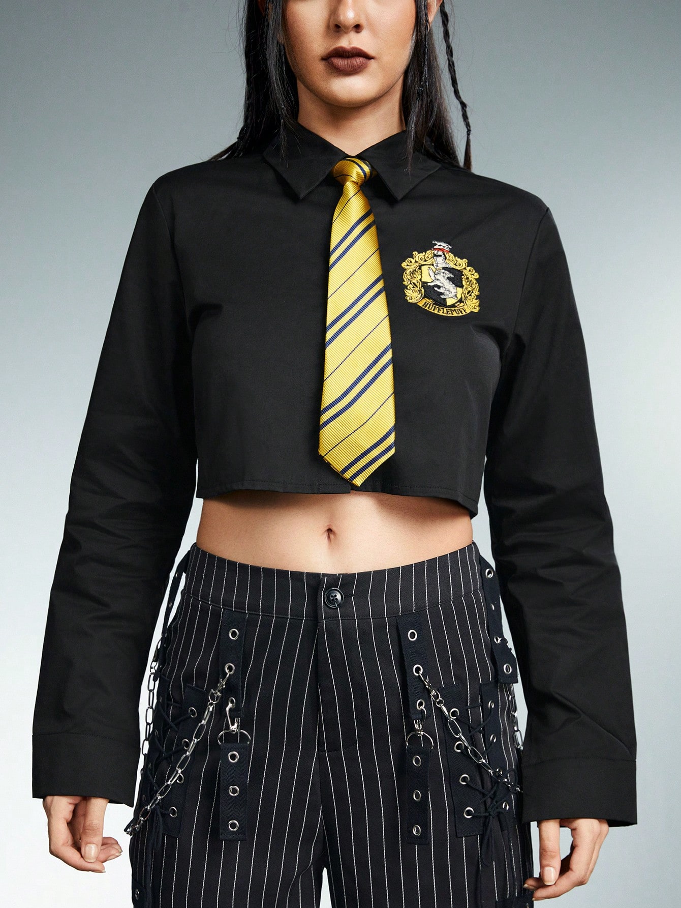 Harry Potter | ROMWE Academy Long Sleeve Crop Shirt With Striped Tie
