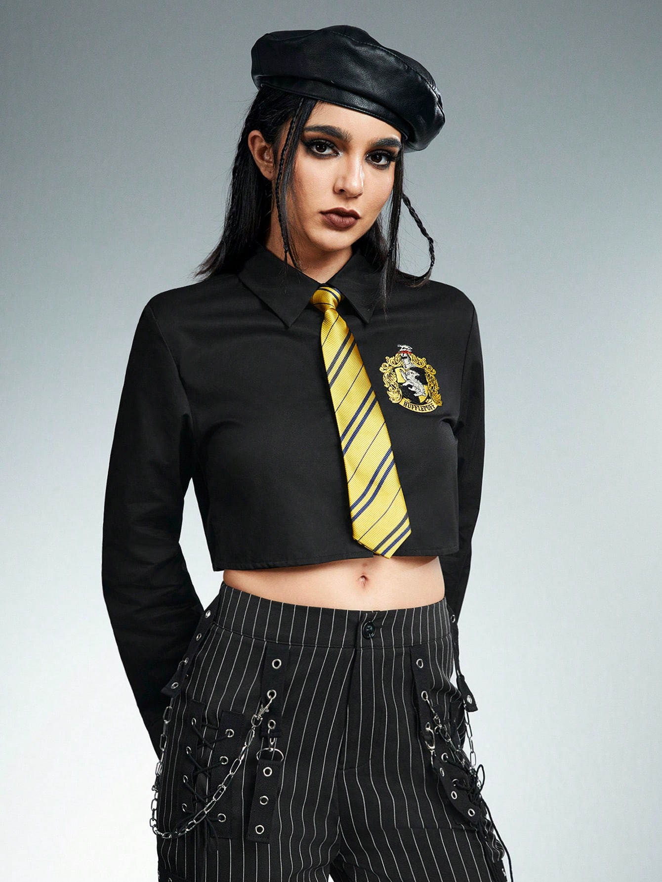 Harry Potter | ROMWE Academy Long Sleeve Crop Shirt With Striped Tie