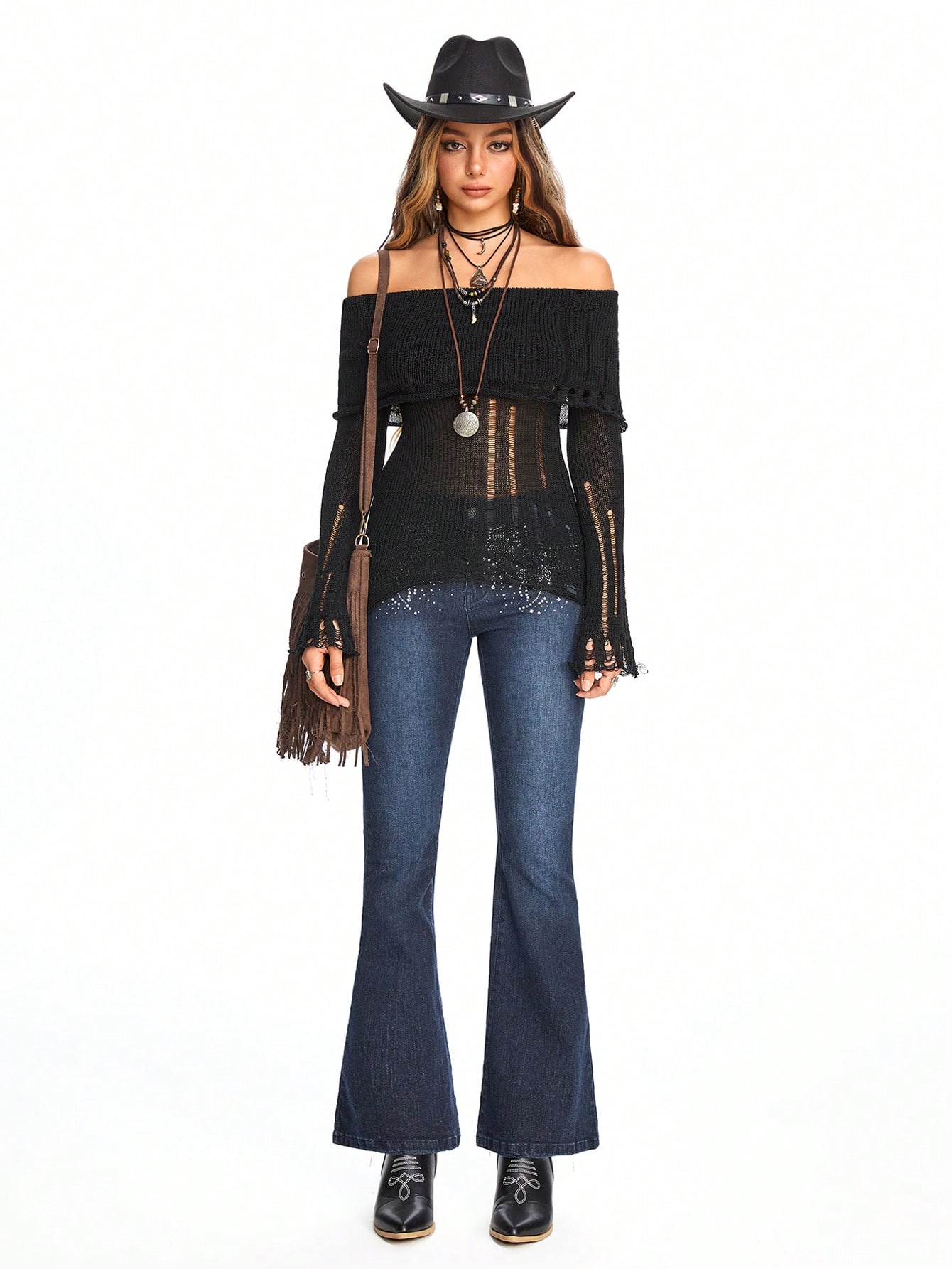 Fairycore Women's Off-The-Shoulder Plain Distressed Fashion Sweater