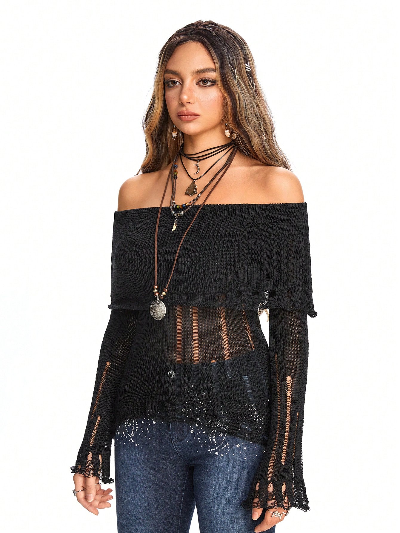 Fairycore Women's Off-The-Shoulder Plain Distressed Fashion Sweater