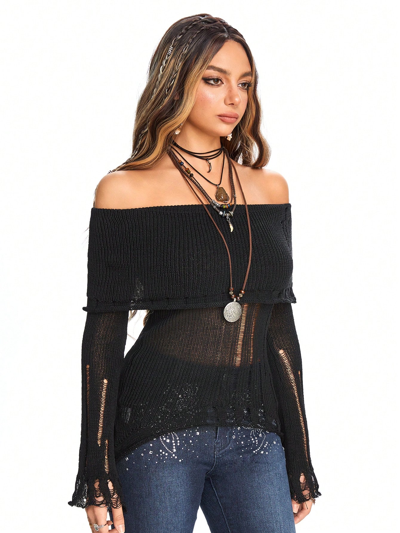 Fairycore Women's Off-The-Shoulder Plain Distressed Fashion Sweater