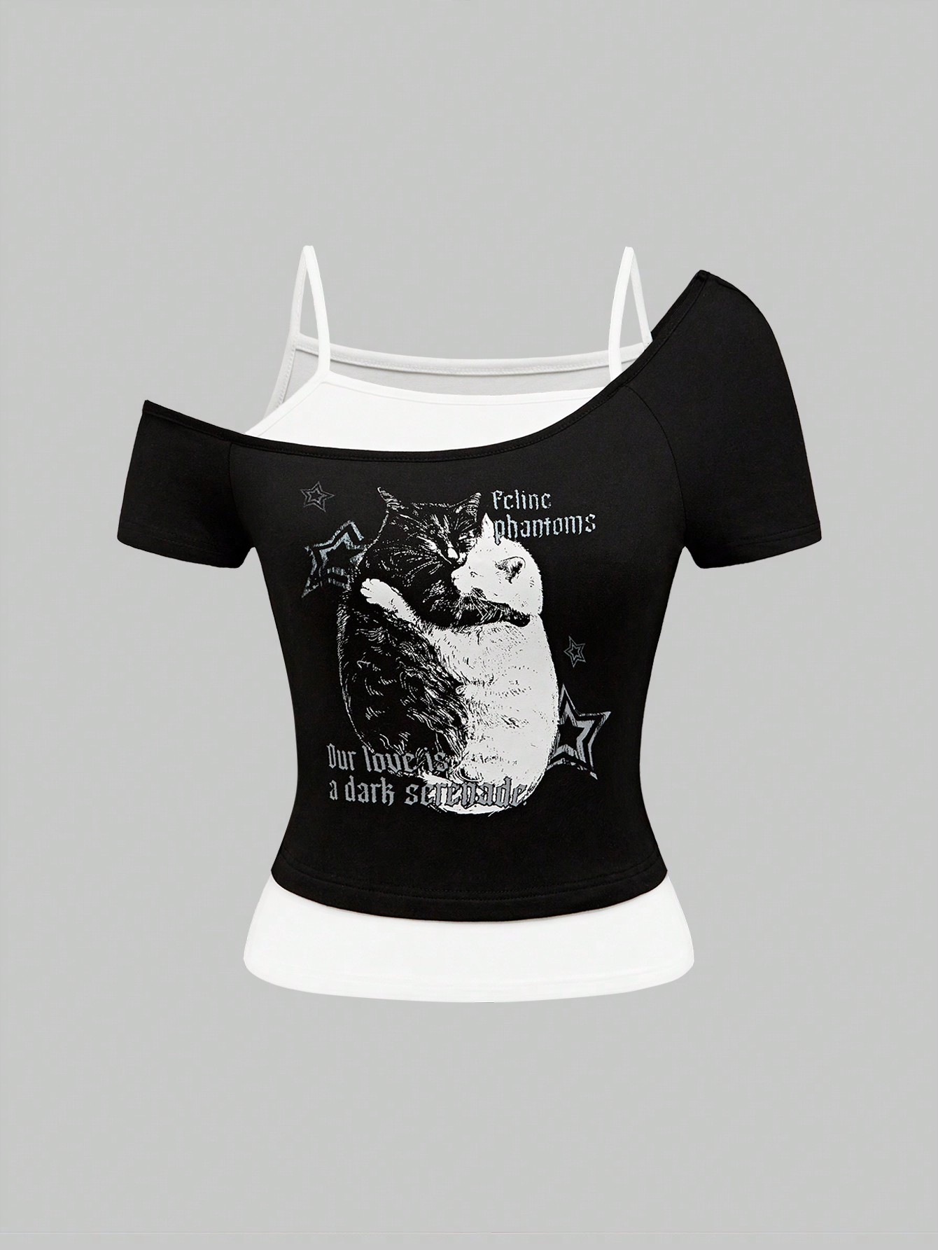 Academia Cat Print Vacation Style Color Block Drop Shoulder Women's T-Shirt, School