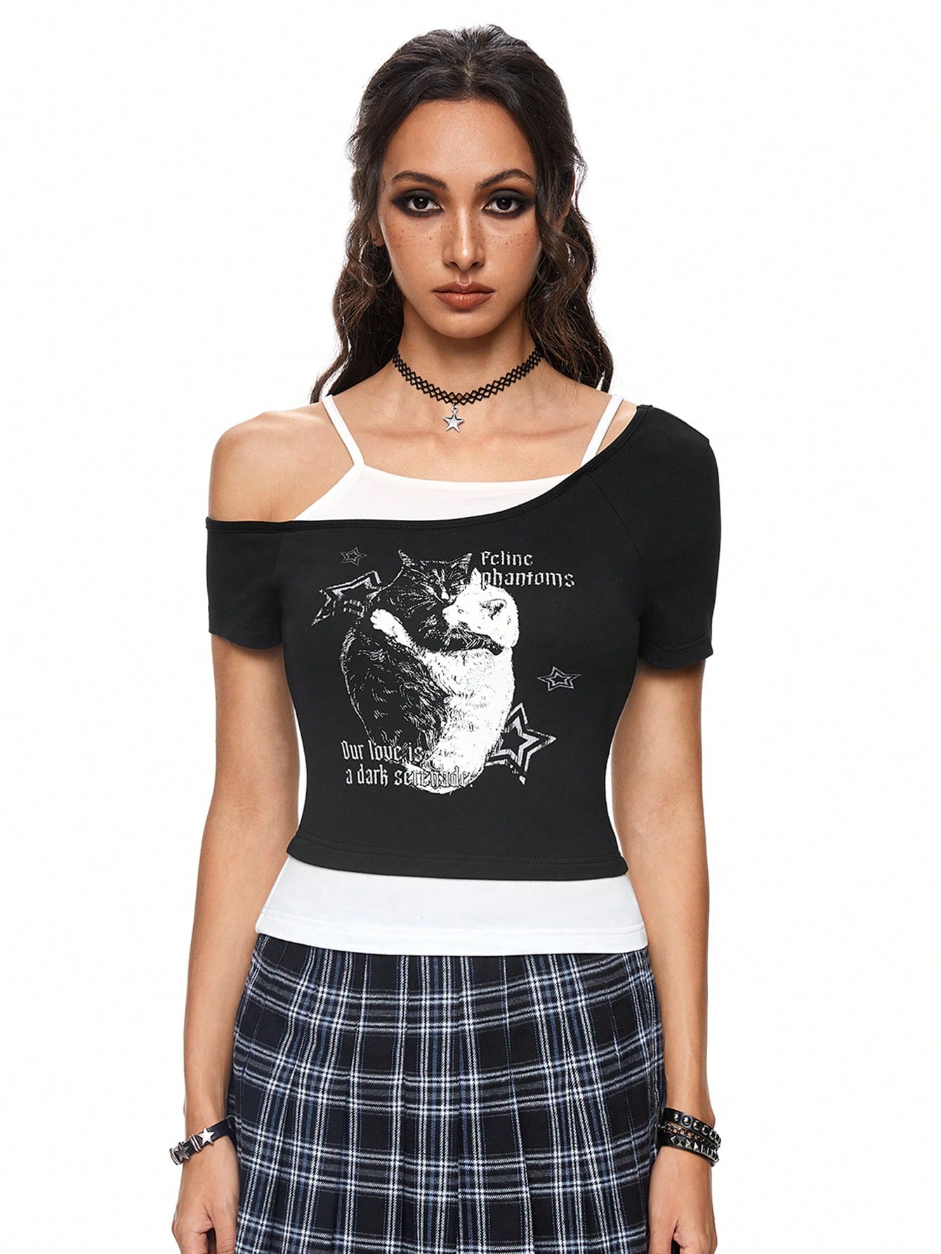 Academia Cat Print Vacation Style Color Block Drop Shoulder Women's T-Shirt, School