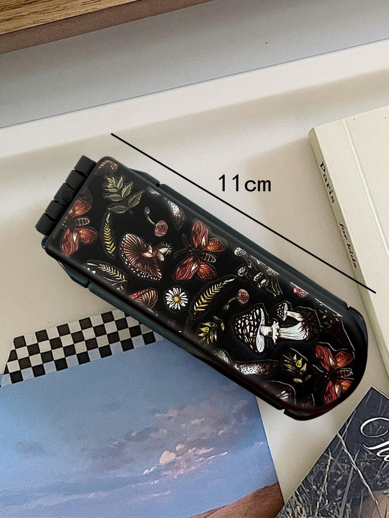 Fairycore 1pc Folding Black Mushroom & Floral Print Hair Brush With Mirror, Portable Design (Pattern Position Random)