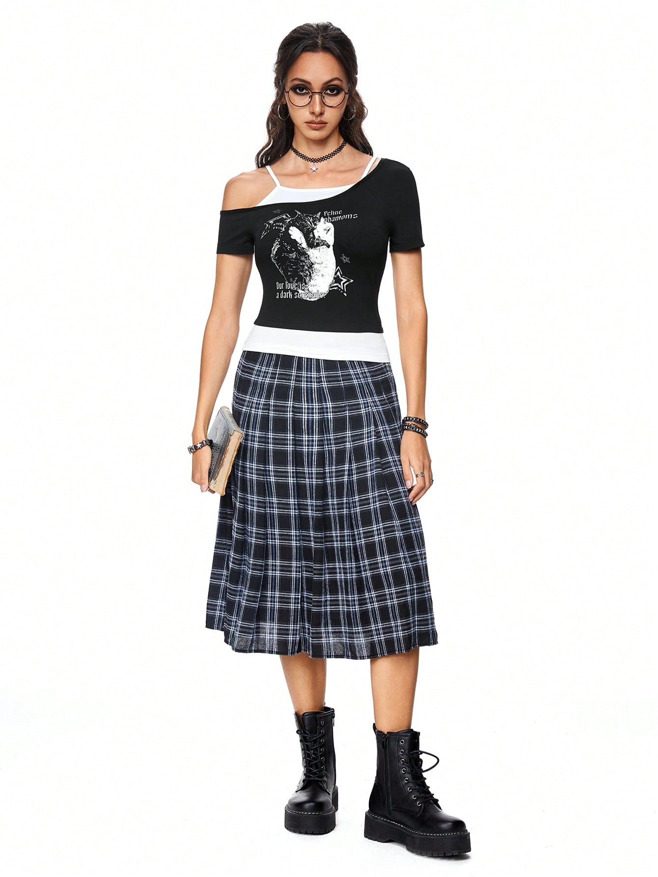 Academia Cat Print Vacation Style Color Block Drop Shoulder Women's T-Shirt, School