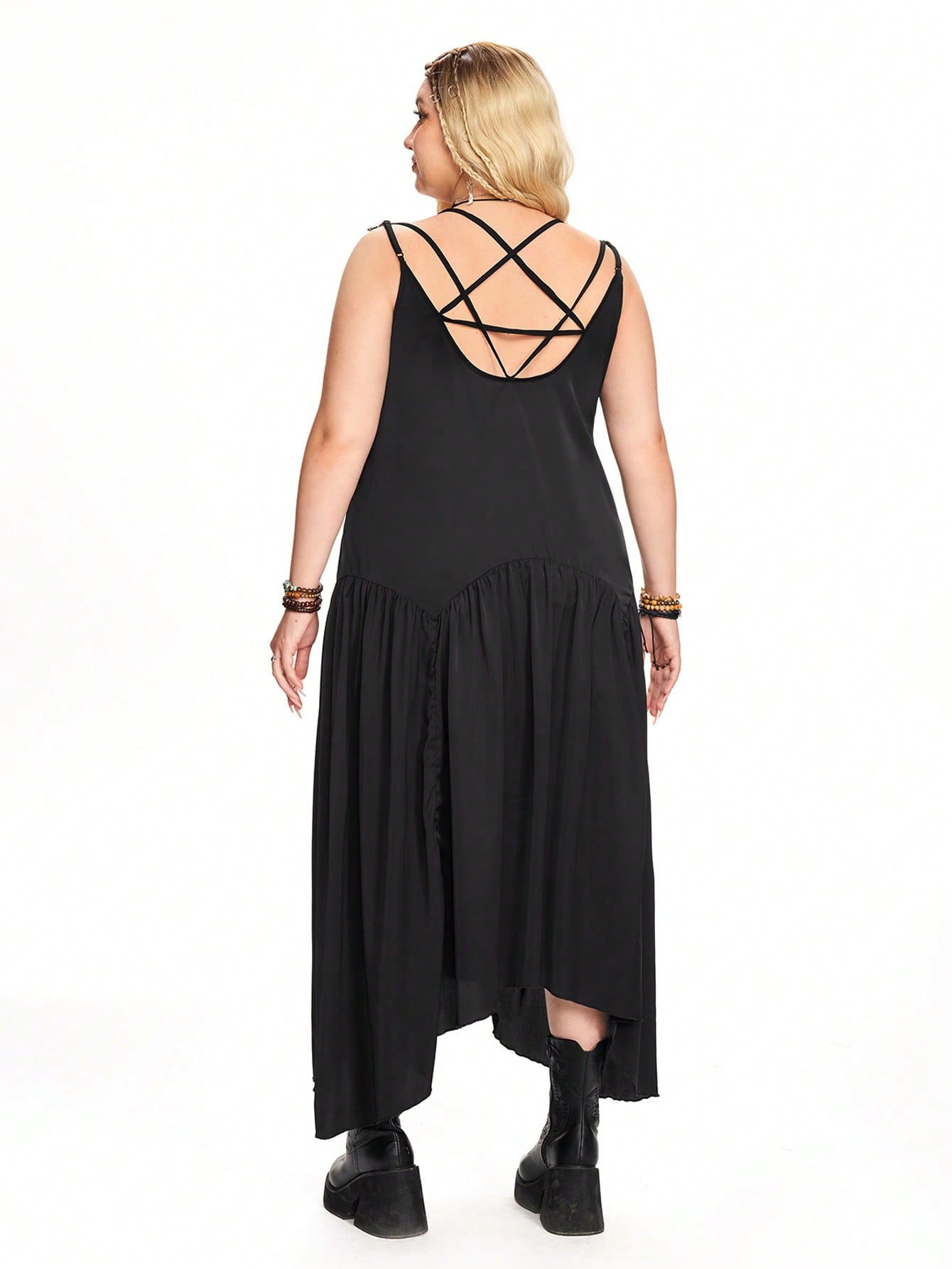 Goth Plus Size Women Halloween PUNK Suspender Five-Pointed Star Lace-Up Dress