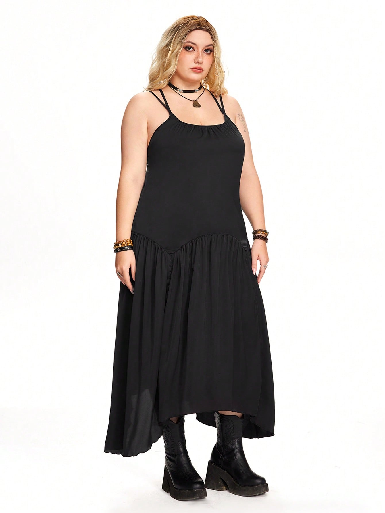 Goth Plus Size Women Halloween PUNK Suspender Five-Pointed Star Lace-Up Dress