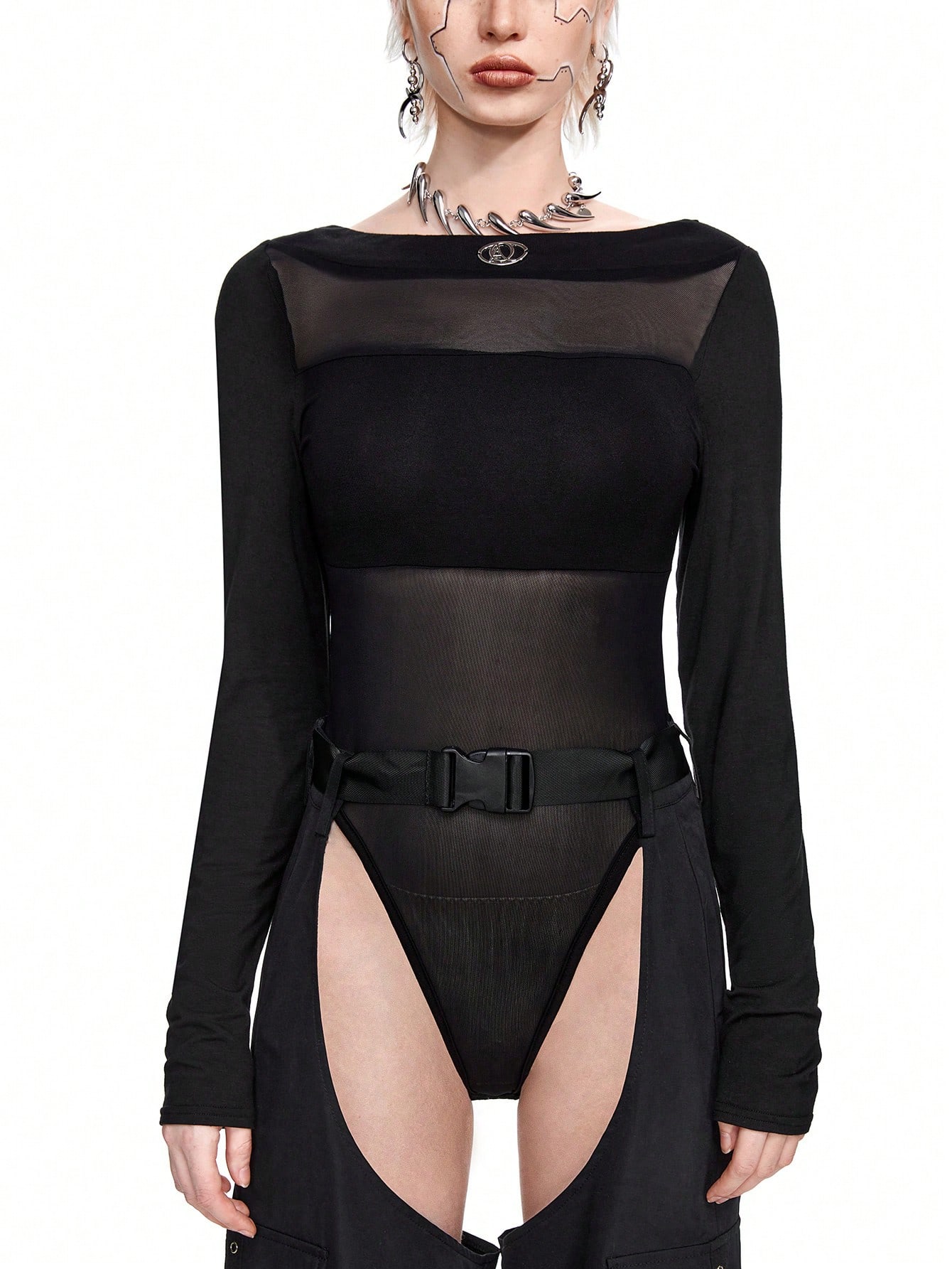 Grunge Punk Y2K Sexy Cutout Mesh Contrast Bodysuit