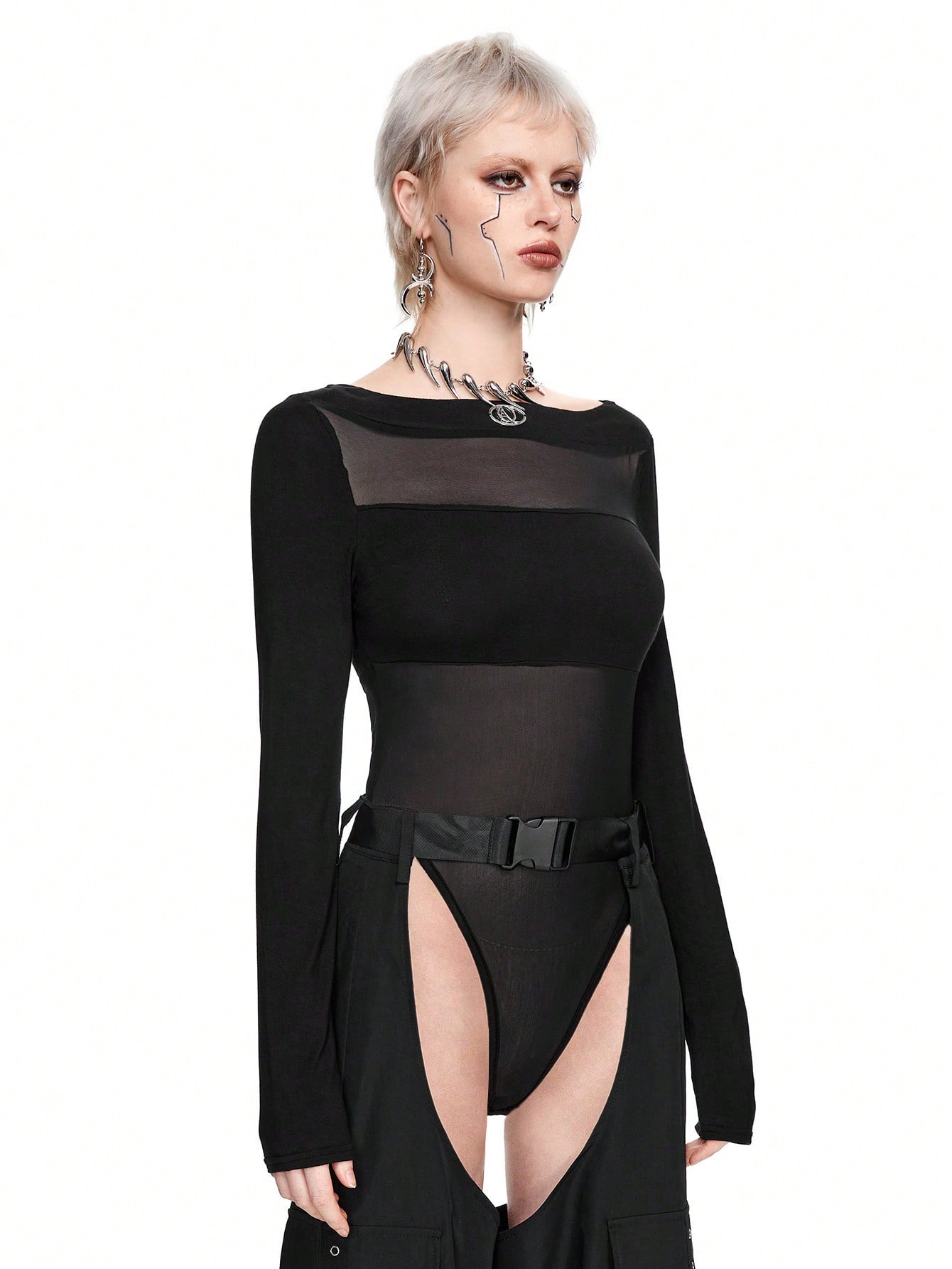 Grunge Punk Y2K Sexy Cutout Mesh Contrast Bodysuit