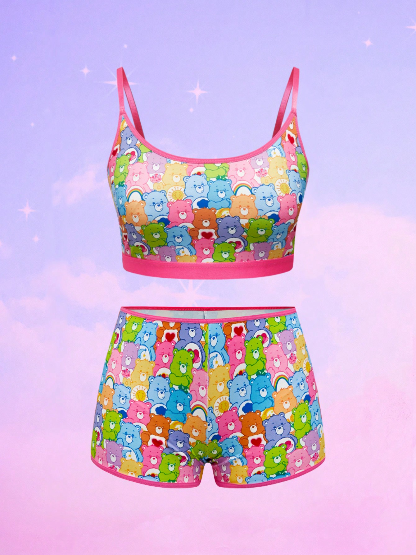 ROMWE X Care Bears Colorful Cute Bear Print Contrast Color Wirefree Bra & Boxy Panty Set
