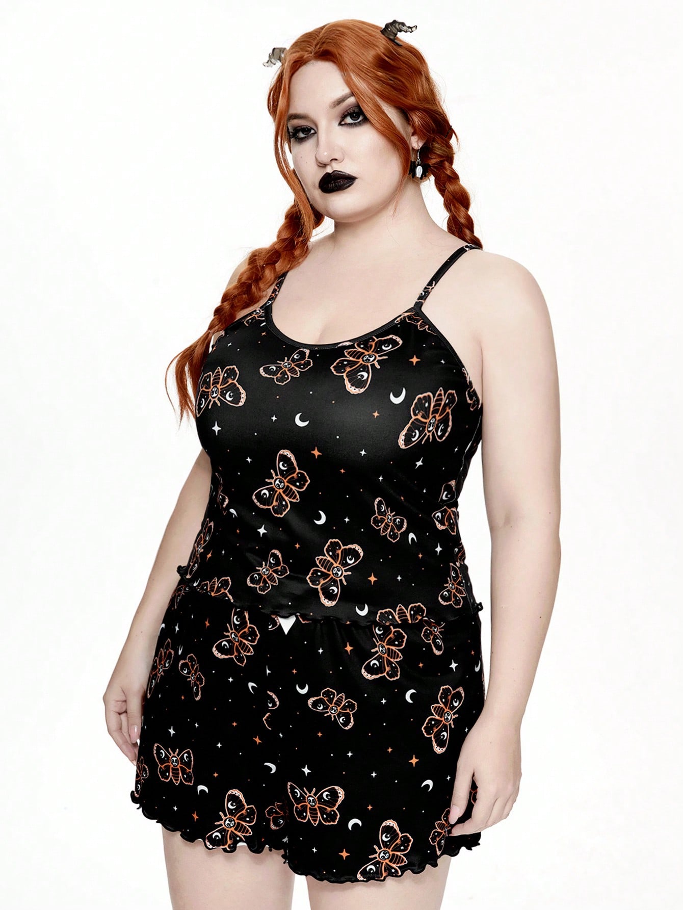 Dark Halloween Skull & Moth Starry Sky Print Plus Size Casual Sleepwear Set