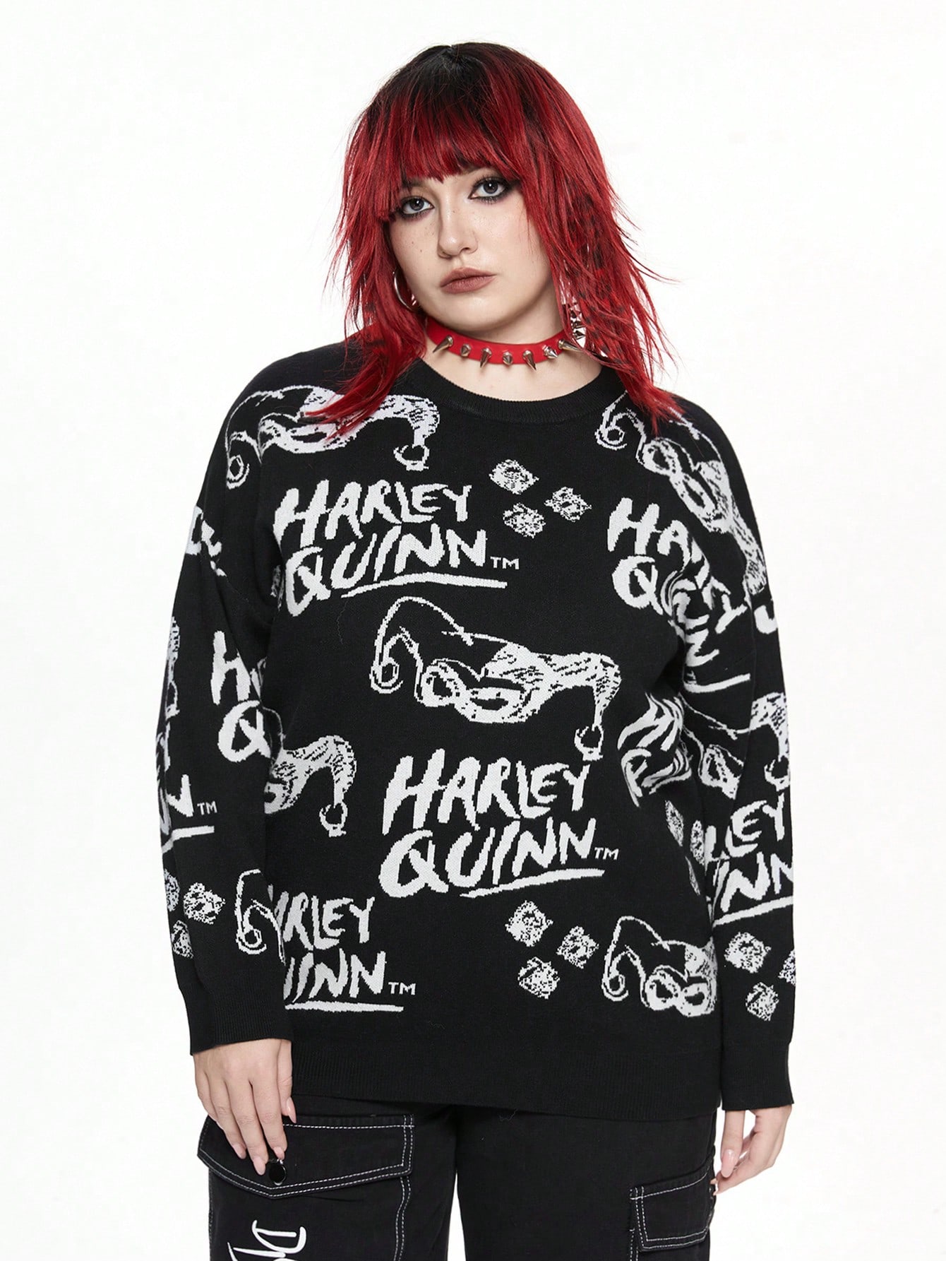 Harley Quinn | ROMWE Plus Size Women Cartoon And Letter Pattern Wide-Neck Loose Knit Sweater