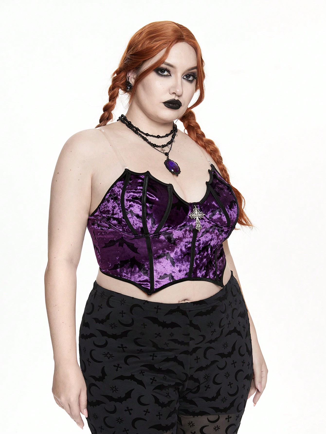 Goth Plus Size Women Gothic Cross & Bat Print Camisole Crop Top, Halloween