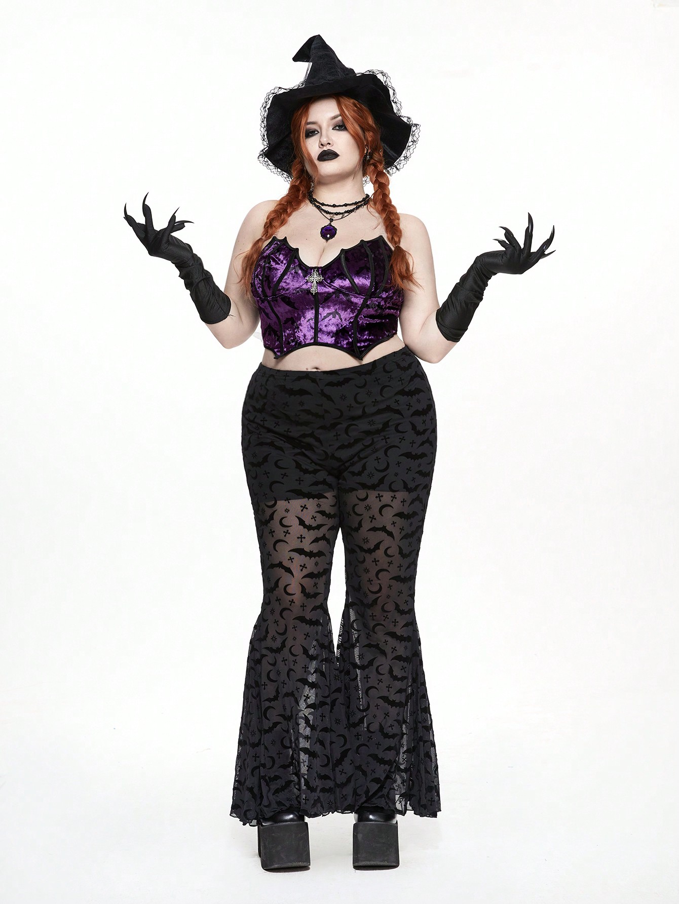 Goth Plus Size Women Gothic Cross & Bat Print Camisole Crop Top, Halloween