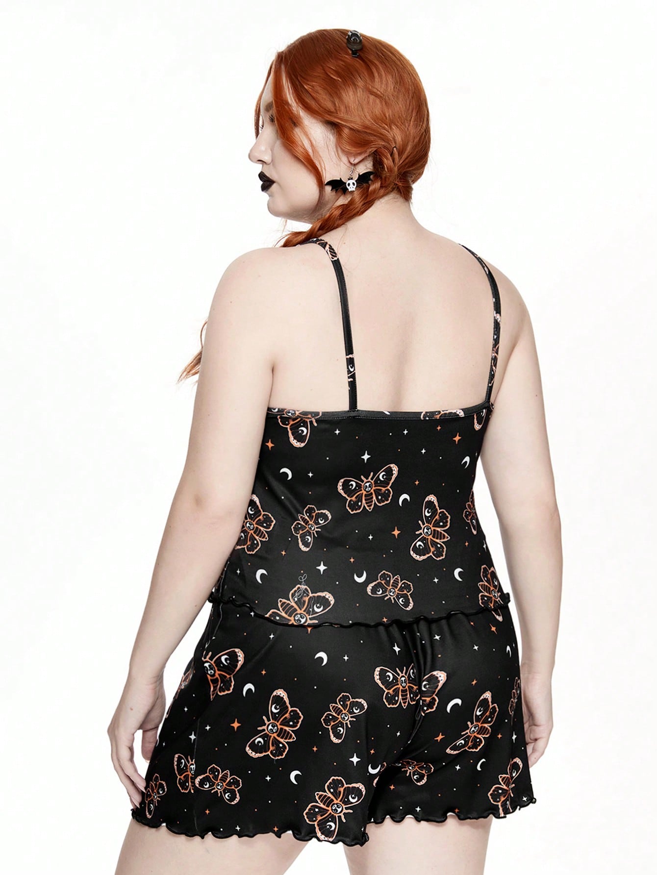 Dark Halloween Skull & Moth Starry Sky Print Plus Size Casual Sleepwear Set