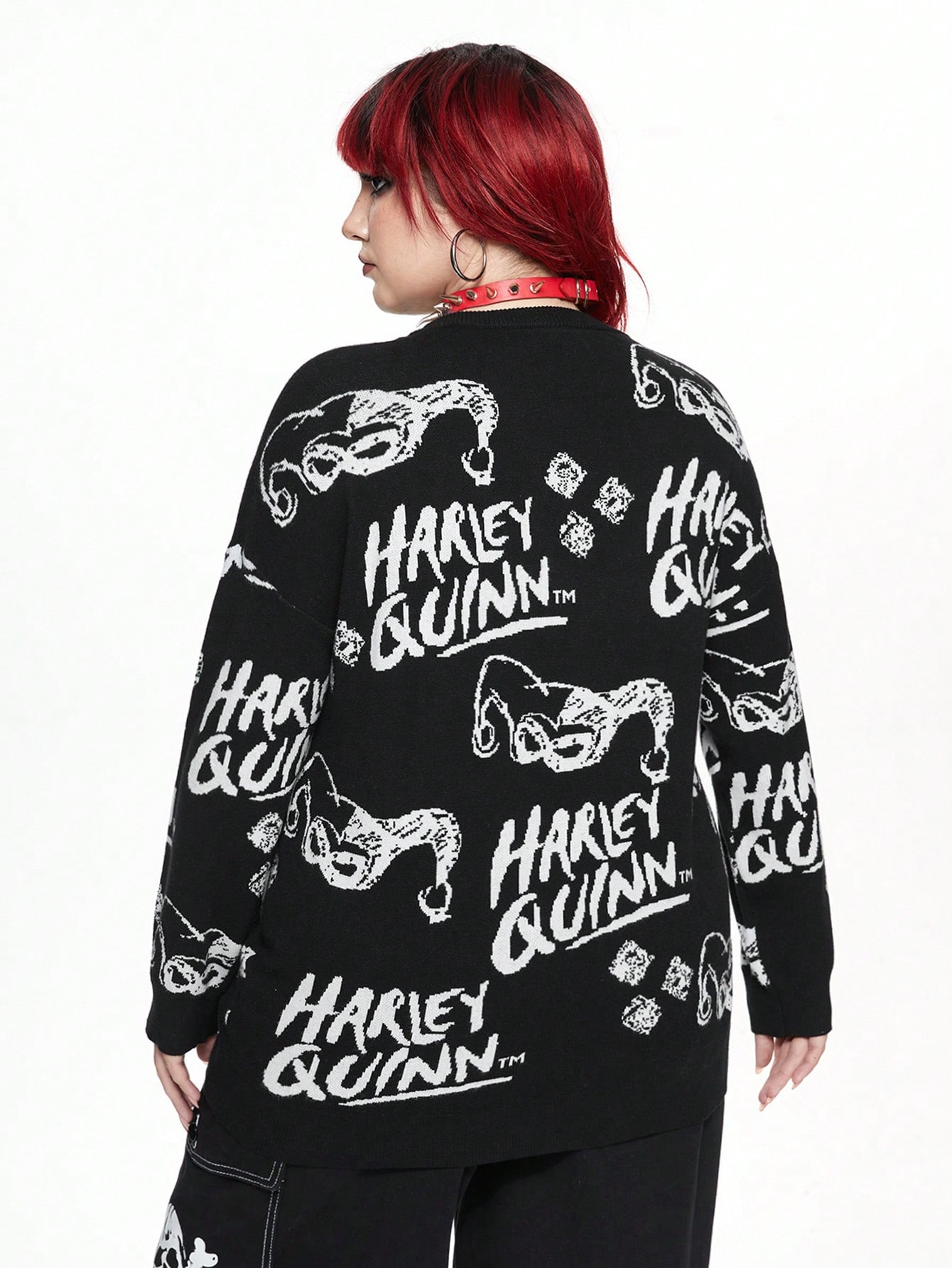 Harley Quinn | ROMWE Plus Size Women Cartoon And Letter Pattern Wide-Neck Loose Knit Sweater