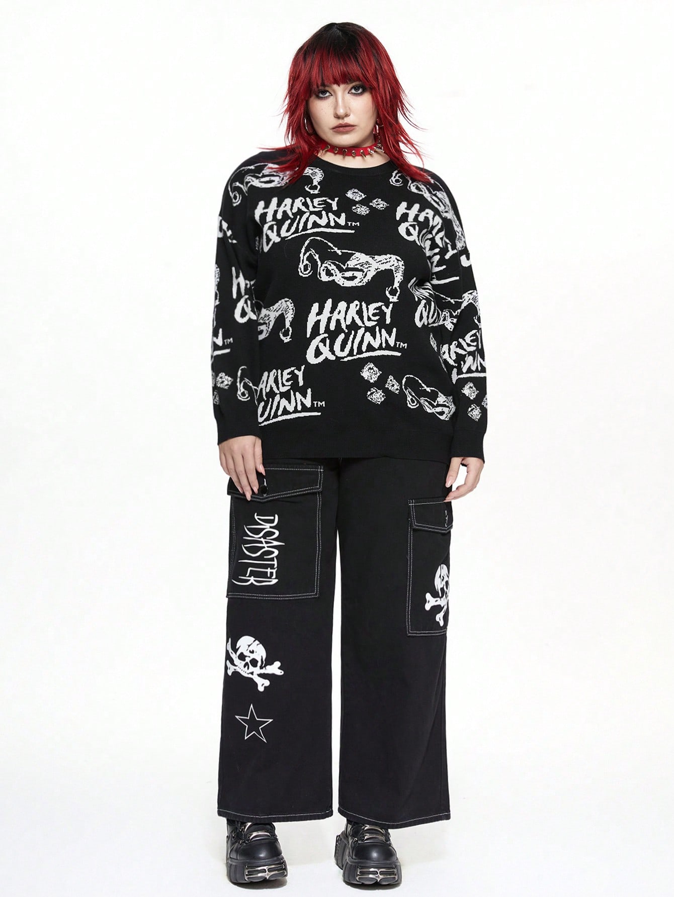 Harley Quinn | ROMWE Plus Size Women Cartoon And Letter Pattern Wide-Neck Loose Knit Sweater