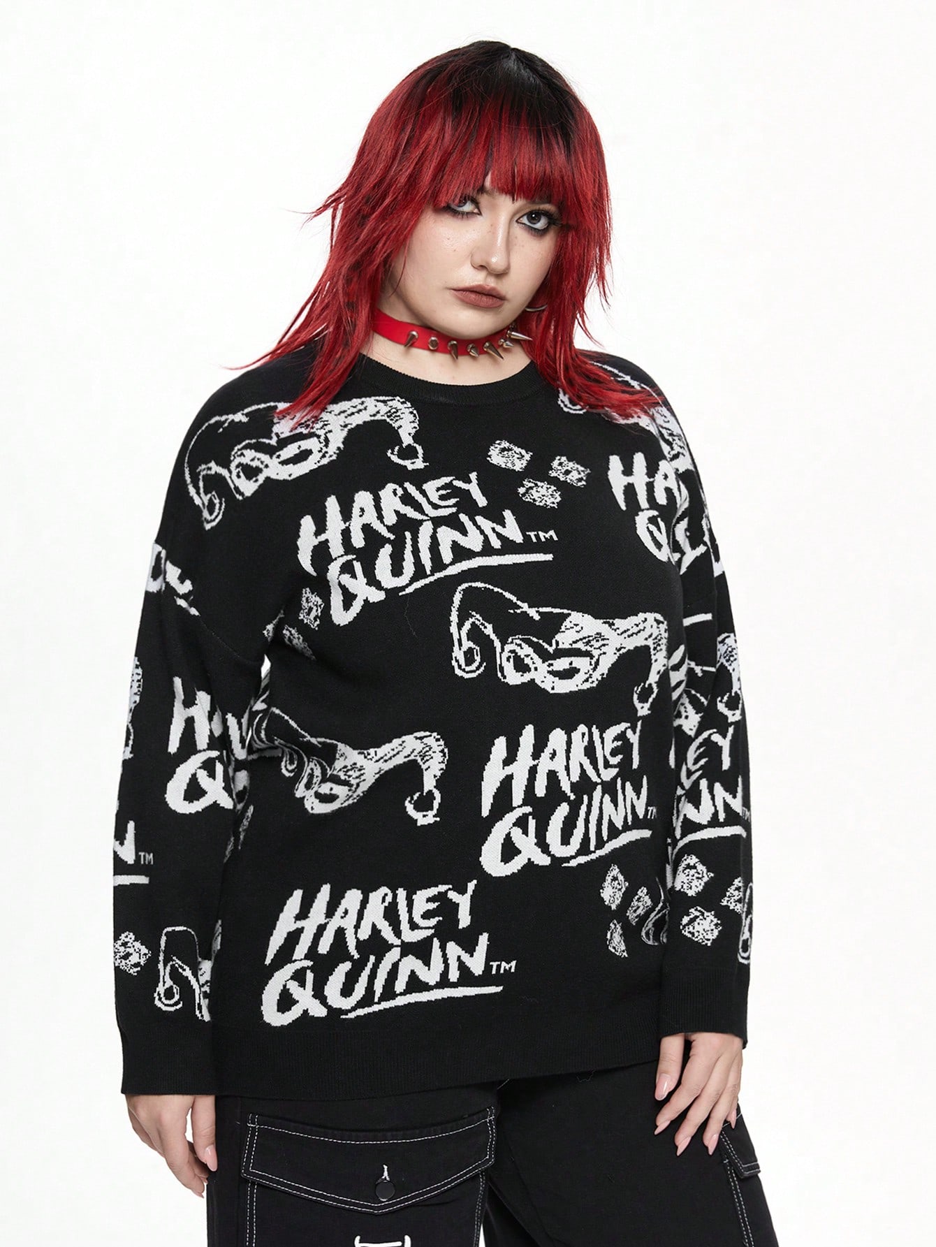Harley Quinn | ROMWE Plus Size Women Cartoon And Letter Pattern Wide-Neck Loose Knit Sweater