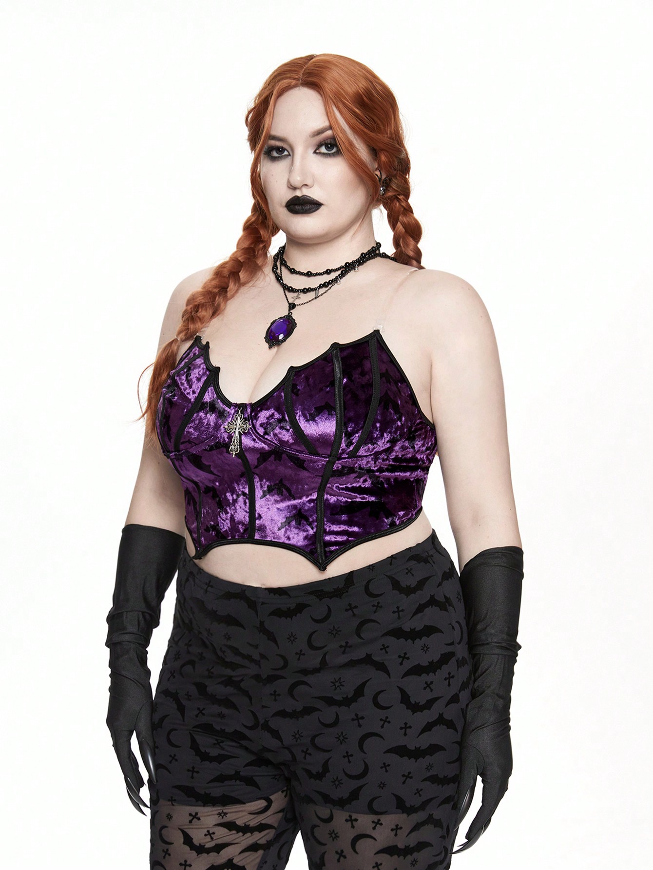 Goth Plus Size Women Gothic Cross & Bat Print Camisole Crop Top, Halloween