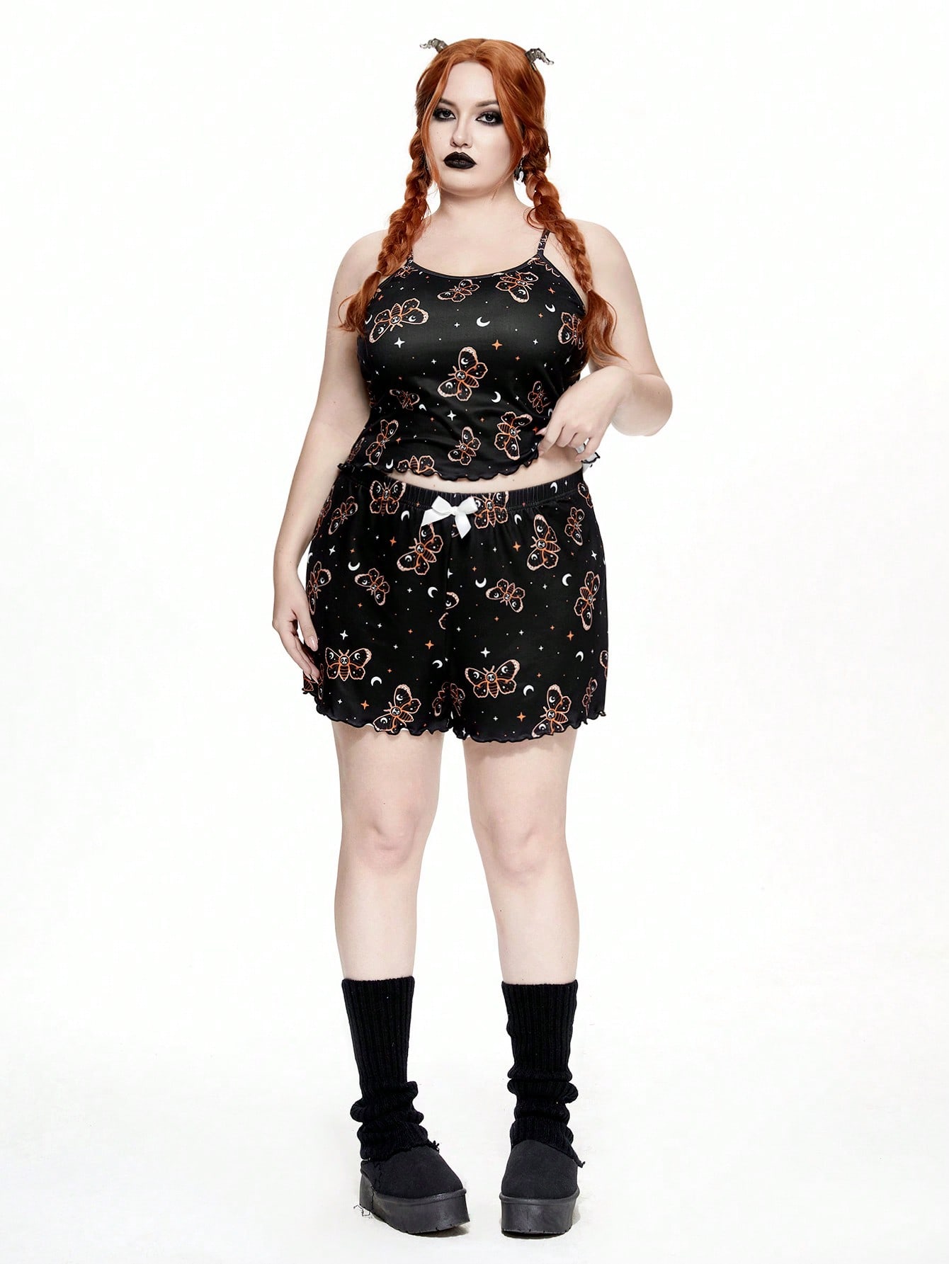 Dark Halloween Skull & Moth Starry Sky Print Plus Size Casual Sleepwear Set