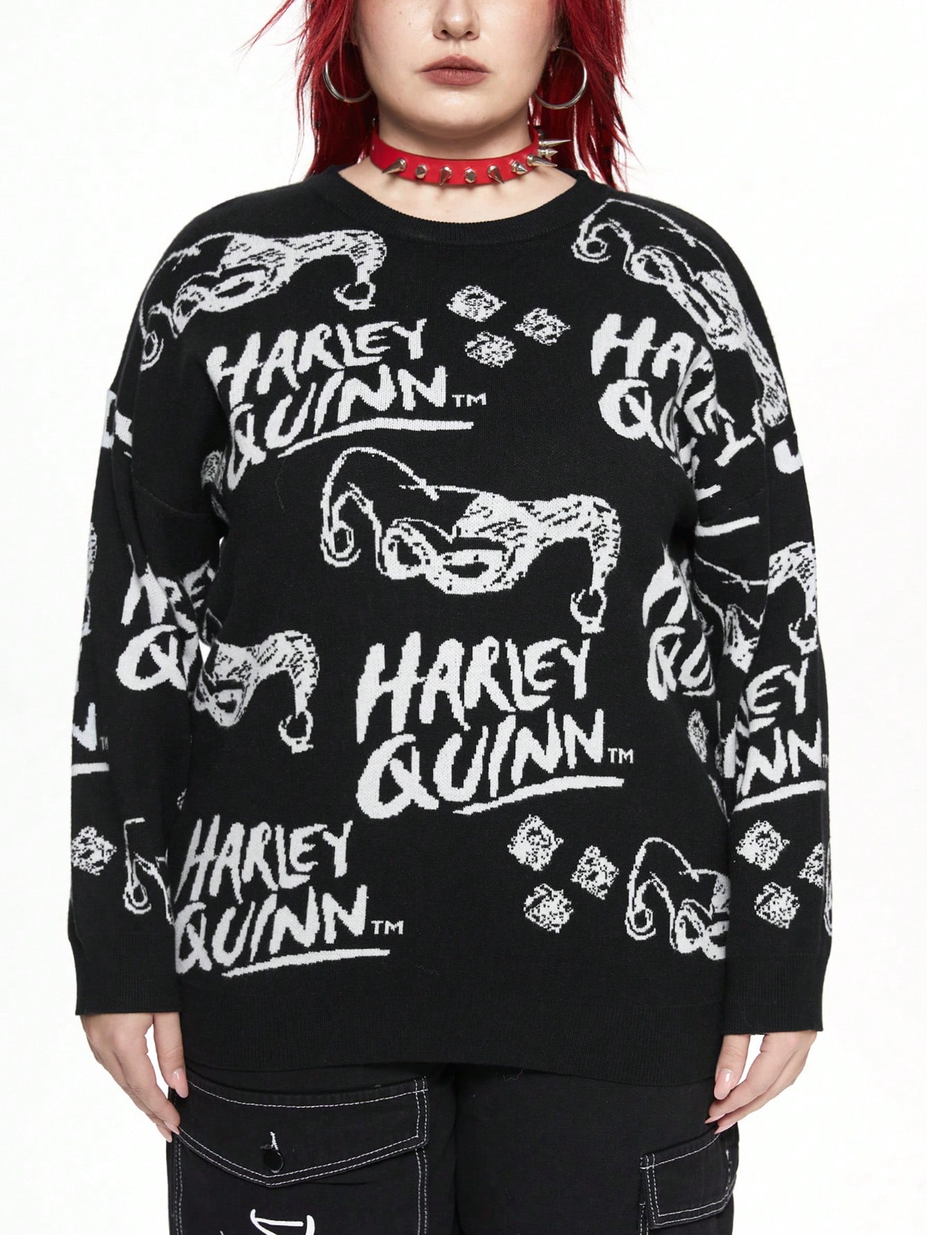Harley Quinn | ROMWE Plus Size Women Cartoon And Letter Pattern Wide-Neck Loose Knit Sweater