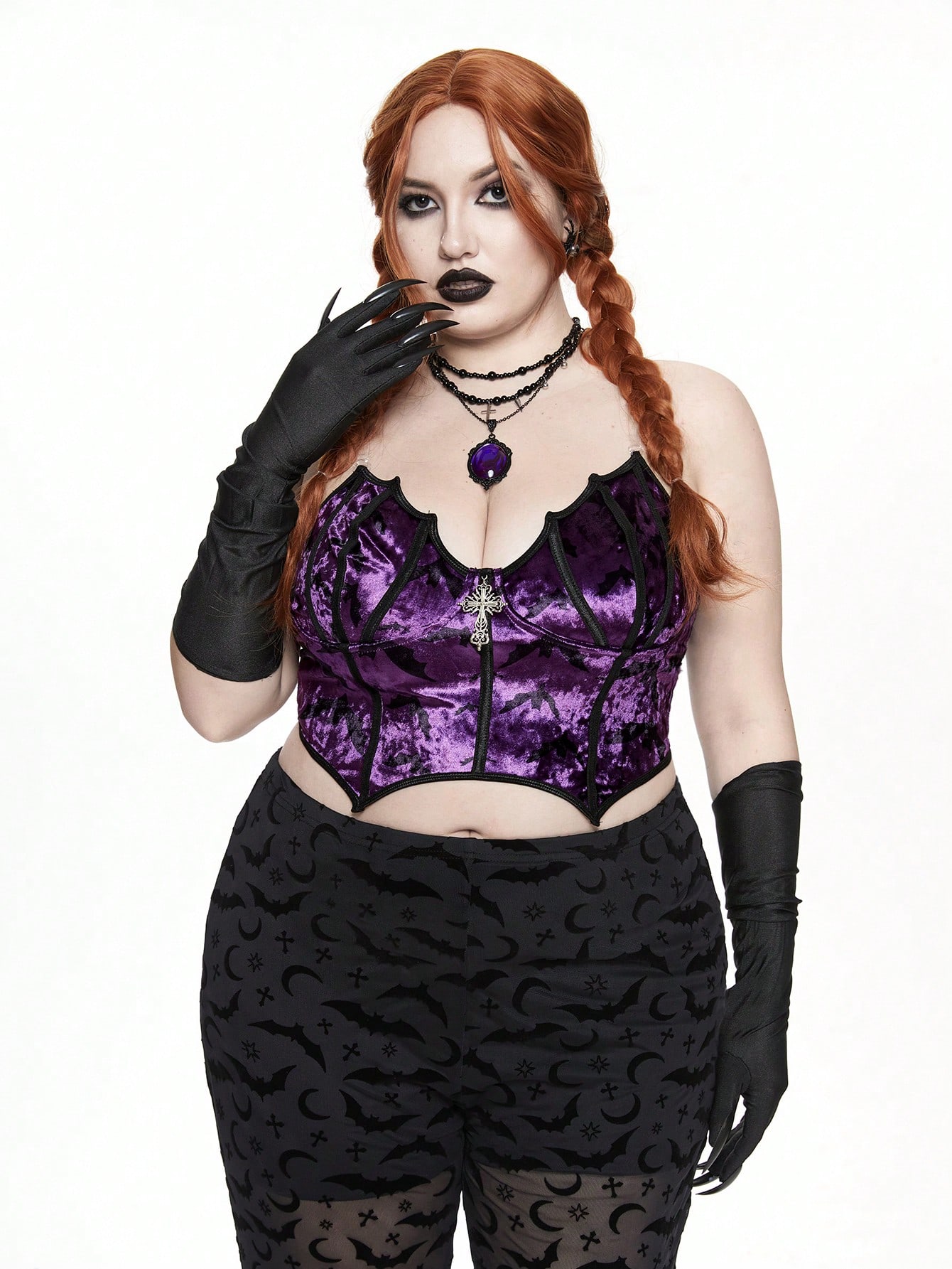 Goth Plus Size Women Gothic Cross & Bat Print Camisole Crop Top, Halloween