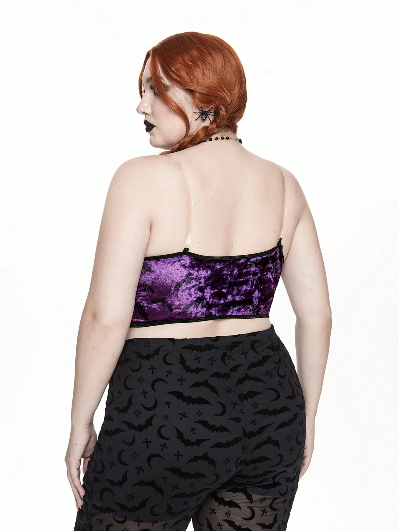 Goth Plus Size Women Gothic Cross & Bat Print Camisole Crop Top, Halloween