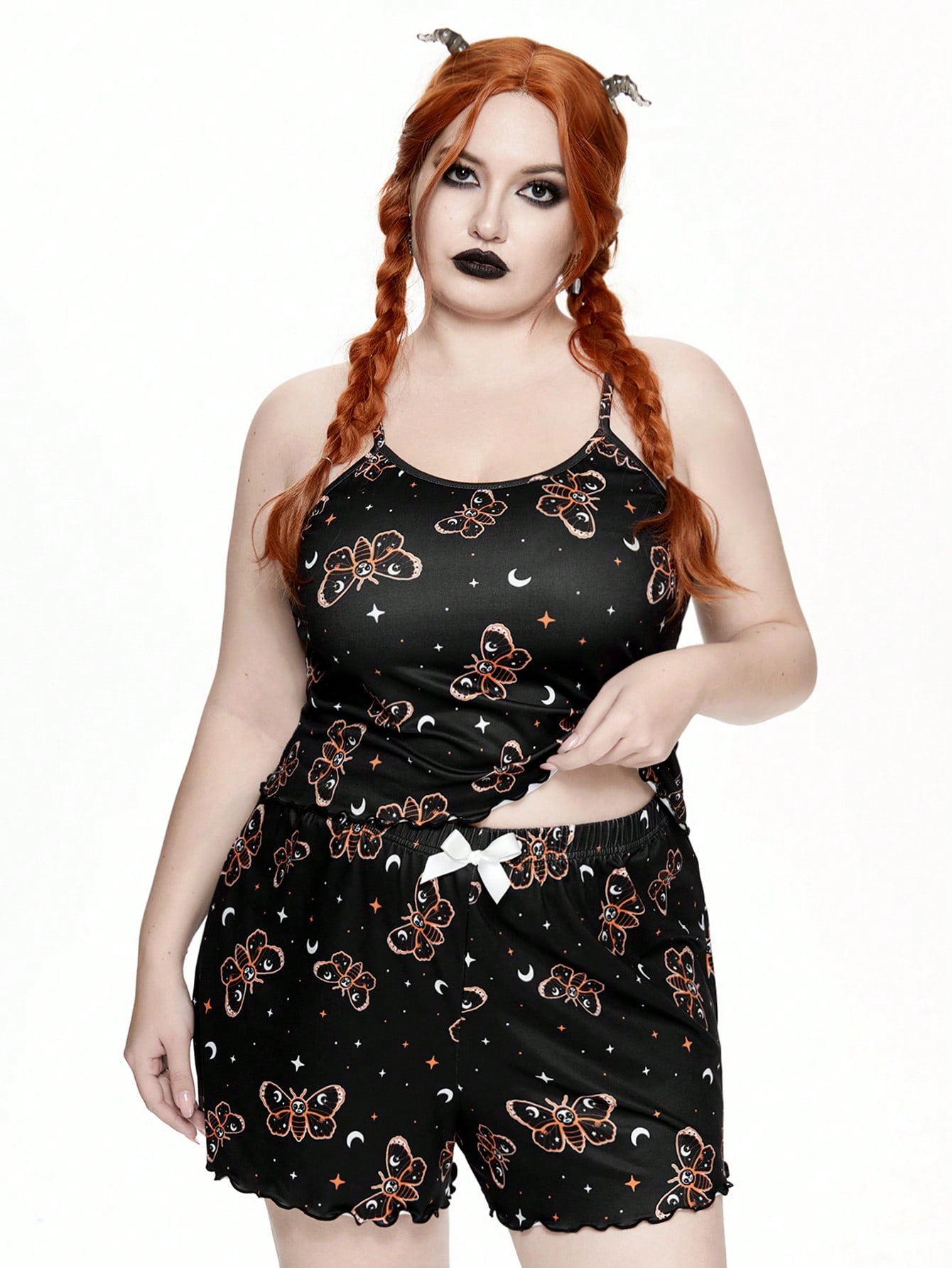 Dark Halloween Skull & Moth Starry Sky Print Plus Size Casual Sleepwear Set