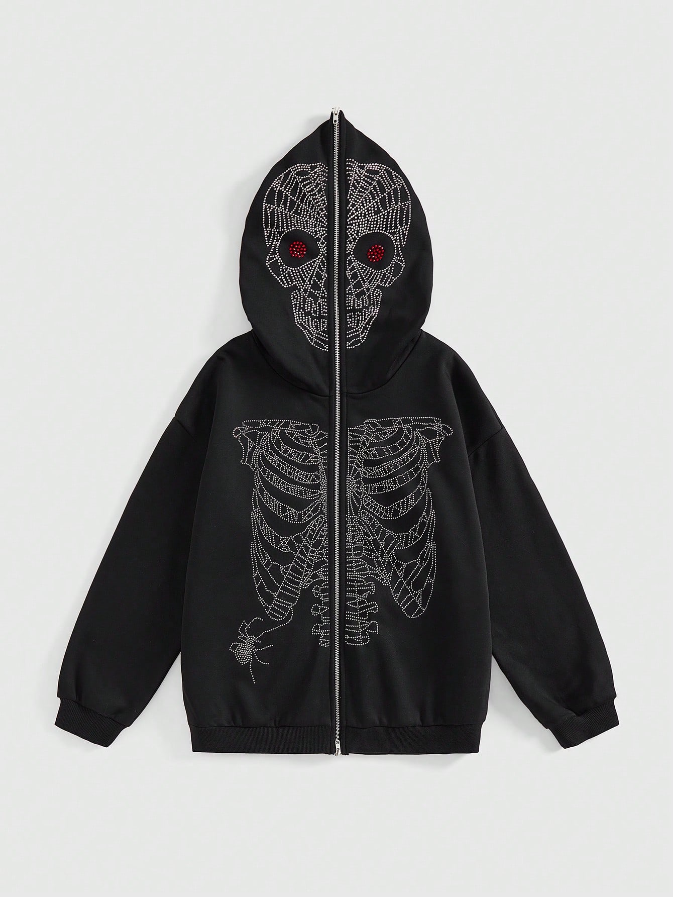 Grunge Punk Punk Skeleton Skull Spider Rhinestone Decor Loose Hooded Sweatshirt Oversized Hoodie For Women