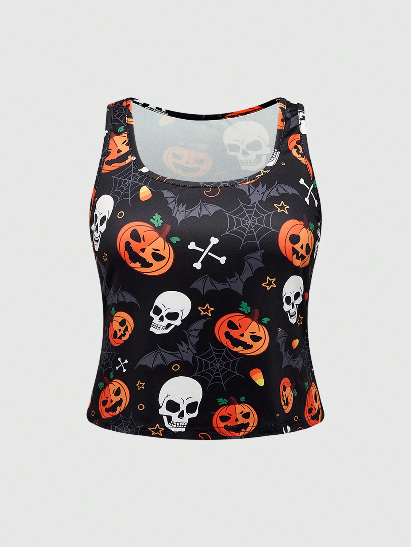 Goth Plus Size Halloween Pumpkin & Skeleton All-Over Print Casual Pajama Set