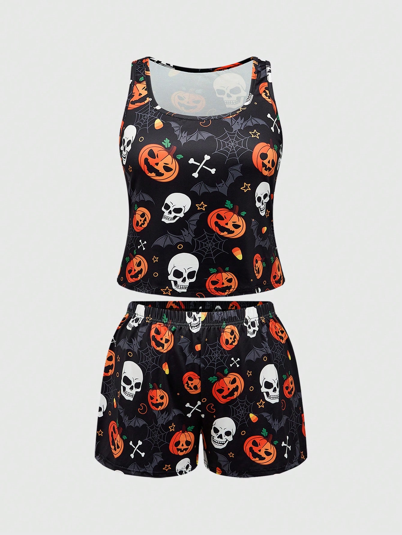 Goth Plus Size Halloween Pumpkin & Skeleton All-Over Print Casual Pajama Set