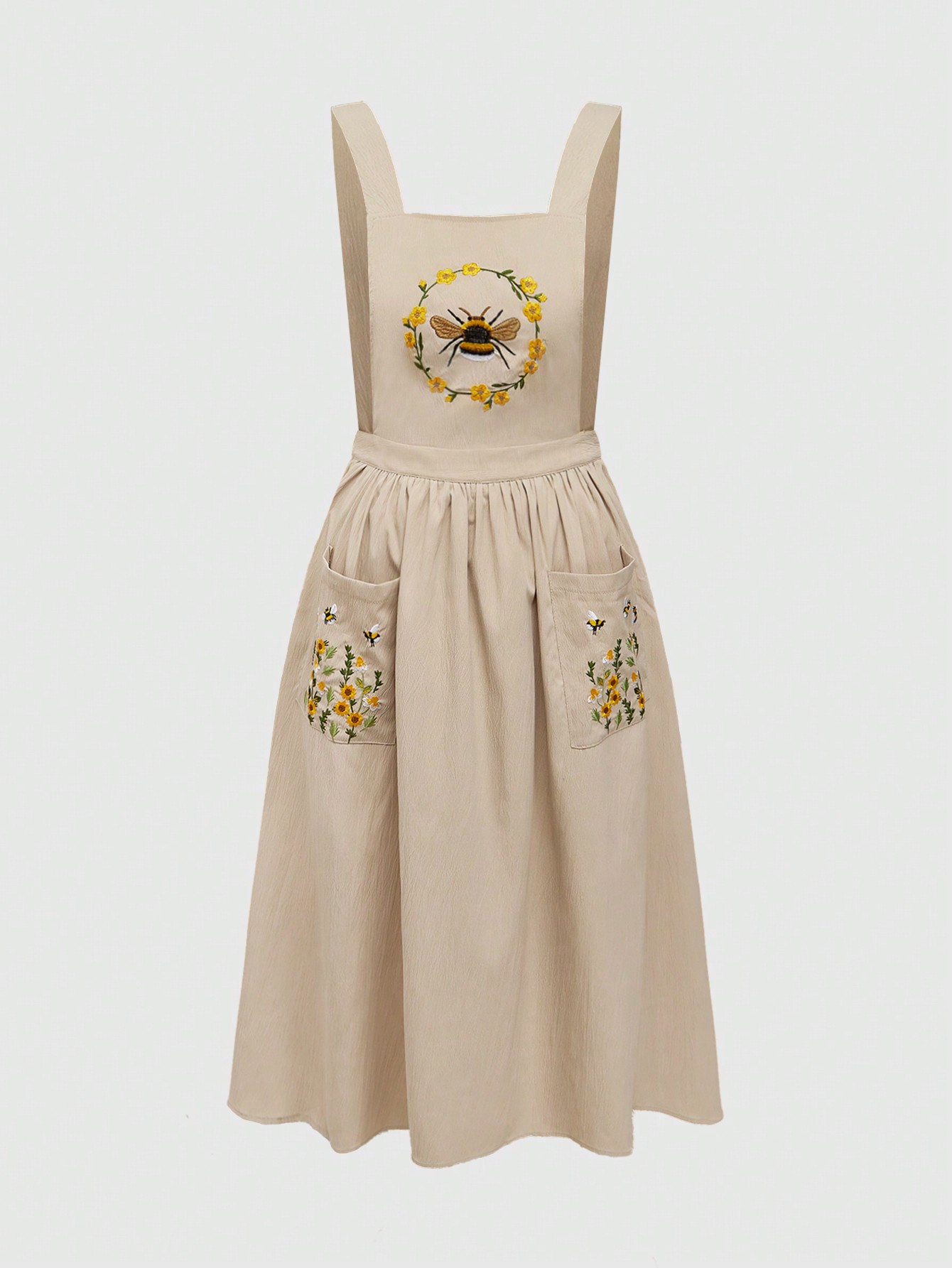 Fairycore Plus Size Bee Embroidered Casual Sleeveless Dress With Pockets