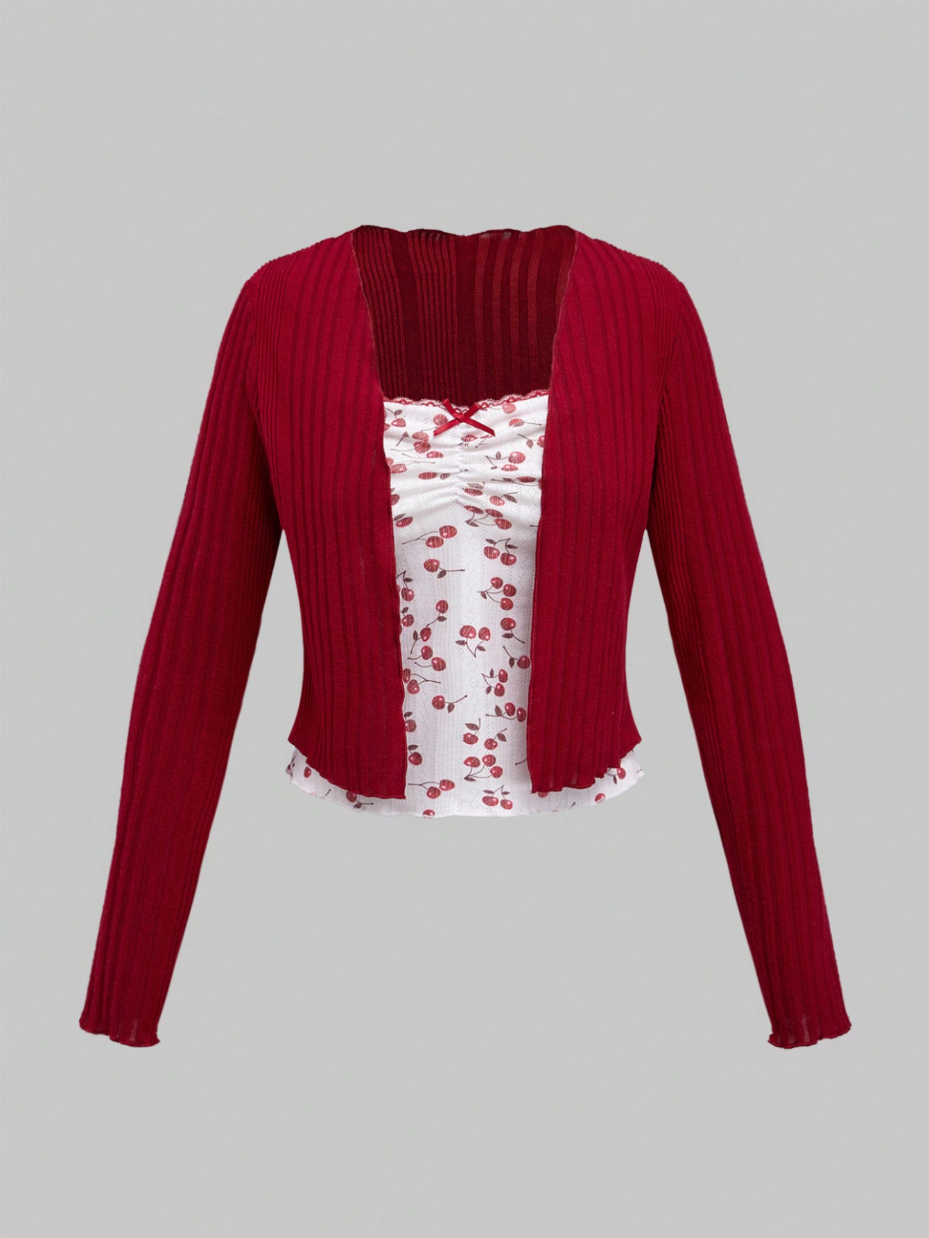 Kawaii 2pcs Set Women Sweet Lace Patchwork Cherry Pattern Bowknot Ruffle Hem Tube Top Jacket